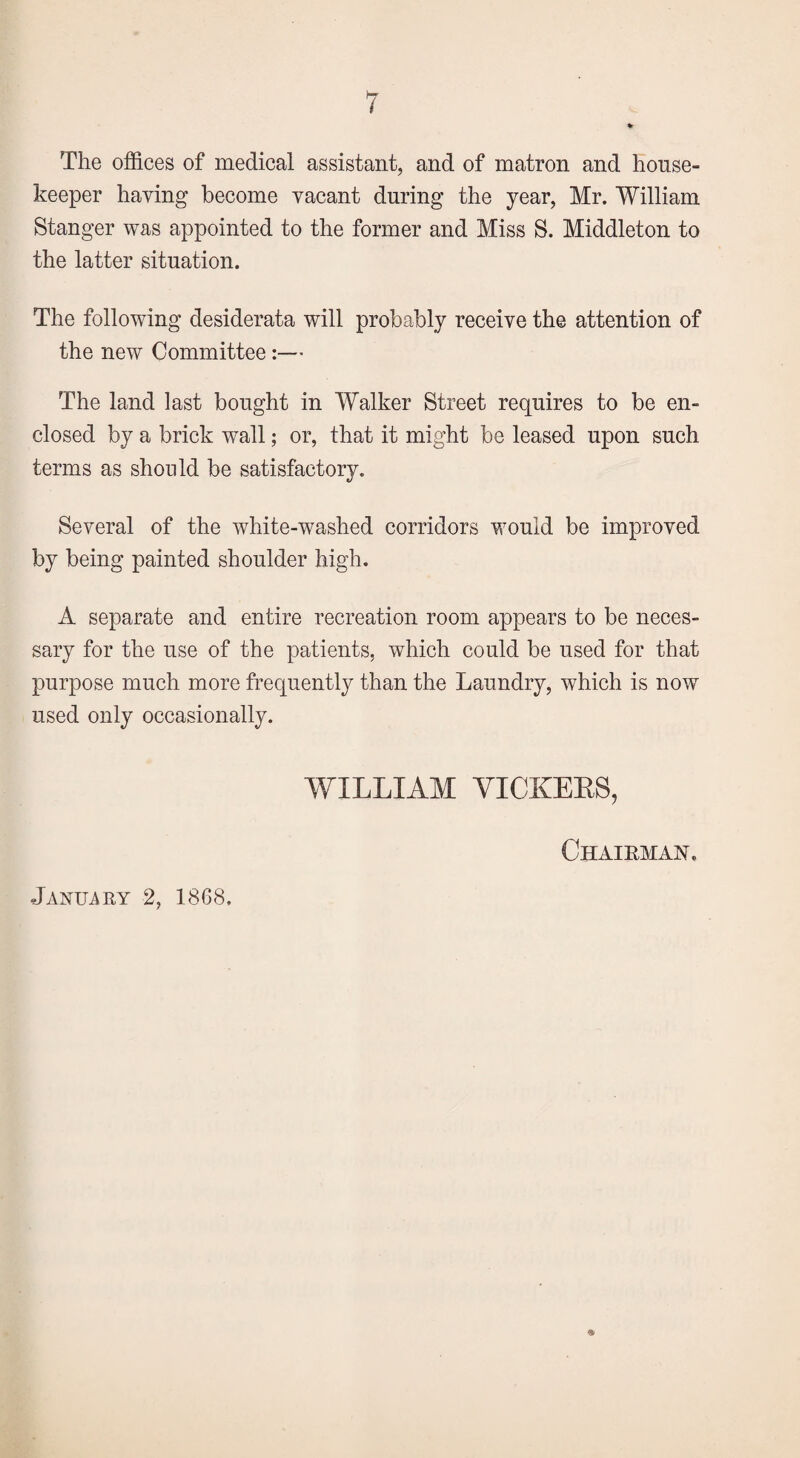 The offices of medical assistant, and of matron and house¬ keeper haying become vacant during the year, Mr. William Stanger was appointed to the former and Miss S. Middleton to the latter situation. The following desiderata will probably receive the attention of the new Committee:— The land last bought in Walker Street requires to be en¬ closed by a brick wall; or, that it might be leased upon such terms as should be satisfactory. Several of the white-washed corridors would be improved by being painted shoulder high. A separate and entire recreation room appears to be neces¬ sary for the use of the patients, which could be used for that purpose much more frequently than the Laundry, which is now used only occasionally. WILLIAM VICKEBS, Chairman.