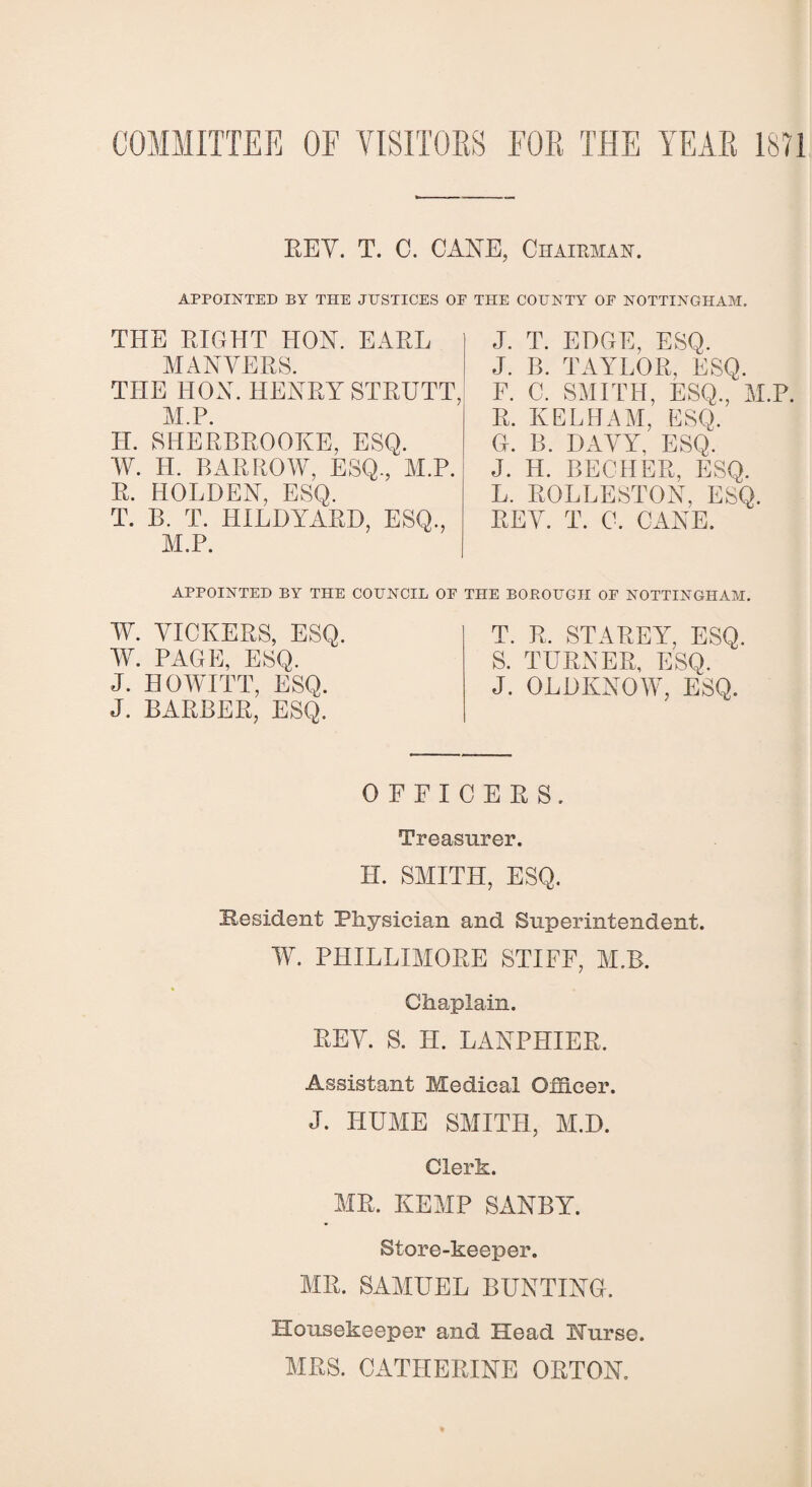 COMMITTEE OE VISITORS FOR THE YEAR 1871 REV. T. C. CANE, Chairman. APPOINTED BY THE JUSTICES OE THE COUNTY OF NOTTINGHAM. THE RIGHT HON. EARL MANVERS. THE HON. HENRY STRUTT, M.P. H. SHERBROOKE, ESQ. W. H. BARROW, ESQ., M.P. R. HOLDEN, ESQ. T. B. T. HILDYARD, ESQ., M.P. J. T. EDGE, ESQ. J. B. TAYLOR, ESQ. F. C. SMITH, ESQ., M.P. R. KELHAM, ESQ. G. B. DAVY, ESQ. J. H. BECHER, ESQ. L. ROLLESTON, ESQ. REV. T. C. CANE. APPOINTED BY THE COUNCIL OF THE BOBOUGH OF NOTTINGHAM. W. VICKERS, ESQ W. PAGE, ESQ. J. HOWITT, ESQ. J. BARBER, ESQ. T. R. STAREY, ESQ. S. TURNER, ESQ. J. OEDKNOW, ESQ. OFFICERS. Treasurer. H. SMITH, ESQ. Resident Physician and Superintendent. W. PHILLIMORE STIFF, M.B. Chaplain. REV. S. H. LANPHIER. Assistant Medical Officer. J. HUME SMITH, M.D. Clerk. MR. KEMP SANBY. Store-keeper. MR. SAMUEL BUNTING. Housekeeper and Head Nurse. MRS. CATHERINE ORTON.