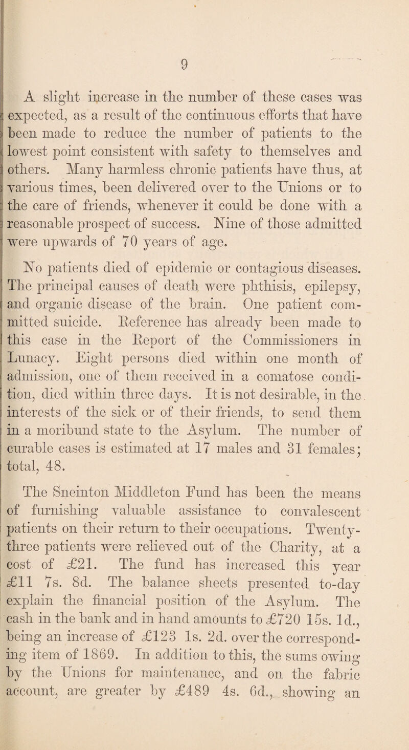 A slight increase in the number of these cases was I expected, as a result of the continuous efforts that have been made to reduce the number of patients to the lowest point consistent with safety to themselves and others. Many harmless chronic patients have thus, at various times, been delivered over to the Unions or to the care of friends, whenever it could be done with a reasonable prospect of success. Nine of those admitted were upwards of 70 years of age. Ed patients died of epidemic or contagious diseases. ! The principal causes of death were phthisis, epilepsy, and organic disease of the brain. One patient com¬ mitted suicide. Reference has already been made to this case in the Report of the Commissioners in Lunacy. Eight persons died within one month of admission, one of them received in a comatose condi¬ tion, died within three days. It is not desirable, in the interests of the sick or of their friends, to send them in a moribund state to the Asylum. The number of curable cases is estimated at 17 males and 31 females; total, 48. The Sneinton Middleton Fund has been the means of furnishing valuable assistance to convalescent patients on their return to their occupations. Twenty- three patients were relieved out of the Charity, at a cost of £21. The fund has increased this year £11 7s. 8d. The balance sheets presented to-day explain the financial position of the Asylum. The cash in the bank and in hand amounts to £720 15s. Id., being an increase of £123 Is. 2d. over the correspond¬ ing item of 1869. In addition to this, the sums owing by the Unions for maintenance, and on the fabric account, are greater by £489 4s. 6d., showing an