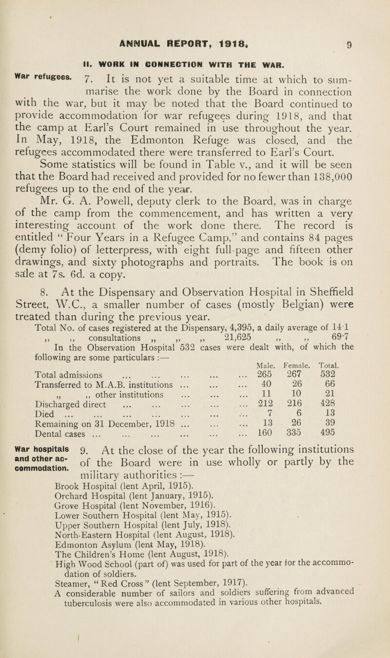 II. WORK IN CONNECTION WITH THE WAR. War refugees. 7. It is not yet a suitable time at which to sum¬ marise the work done by the Board in connection with the war, but it may be noted that the Board continued to provide accommodation for war refugees during 1918, and that the camp at Earl’s Court remained in use throughout the year. In May, 1918, the Edmonton Refuge was closed, and the refugees accommodated there were transferred to Earl’s Court. Some statistics will be found in Table v., and it will be seen that the Board had received and provided for no fewer than 138,000 refugees up to the end of the year. Mr. G. A. Powell, deputy clerk to the Board, was in charge of the camp from the commencement, and has written a very interesting account of the work done there. The record is entitled “ Four Years in a Refugee Camp,” and contains 84 pages (demy folio) of letterpress, with eight full-page and fifteen other drawings, and sixty photographs and portraits. The book is on sale at 7s. 6d. a copy. 8. At the Dispensary and Observation Hospital in Sheffield Street, W.C., a smaller number of cases (mostly Belgian) were treated than during the previous year. Total No. of cases registered at the Dispensary, 4,395, a daily average of 14T ,, ,, consultations ,, ,, ,, 21,625 ,, ,, 69’7 In the Observation Hospital 532 cases were dealt with, of which the following are some particulars Male. Female. Total. Total admissions • • • ... 265 267 532 Transferred to M.A.B. institutions ... • • • ... 40 26 66 ,, ,, other institutions • * e ... 11 10 21 Discharged direct ... ... 212 216 428 ••• ••• ••• »*• , , , 7 6 13 Remaining on 31 December, 1918 ... , , , ... 13 26 39 Dental cases ... ... ... 160 335 495 War hospitals 9. At the close of the year the followi ng institutions and other ac- f h g d in commodatson, military authorities :— use wholly or partly by the Brook Hospital (lent April, 1915). Orchard Hospital (lent January, 1915). Grove Hospital (lent November, 1916). Lower Southern Hospital (lent May, 1915). Upper Southern Hospital (lent July, 1918). North-Eastern Hospital (lent August, 1918). Edmonton Asylum (lent May, 1918). The Children’s Home (lent August, 1918). High Wood School (part of) was used for part of the year for the accommo¬ dation of soldiers. Steamer, “Red Cross” (lent September, 1917). A considerable number of sailors and soldiers suffering from advanced tuberculosis were also accommodated in various other hospitals.