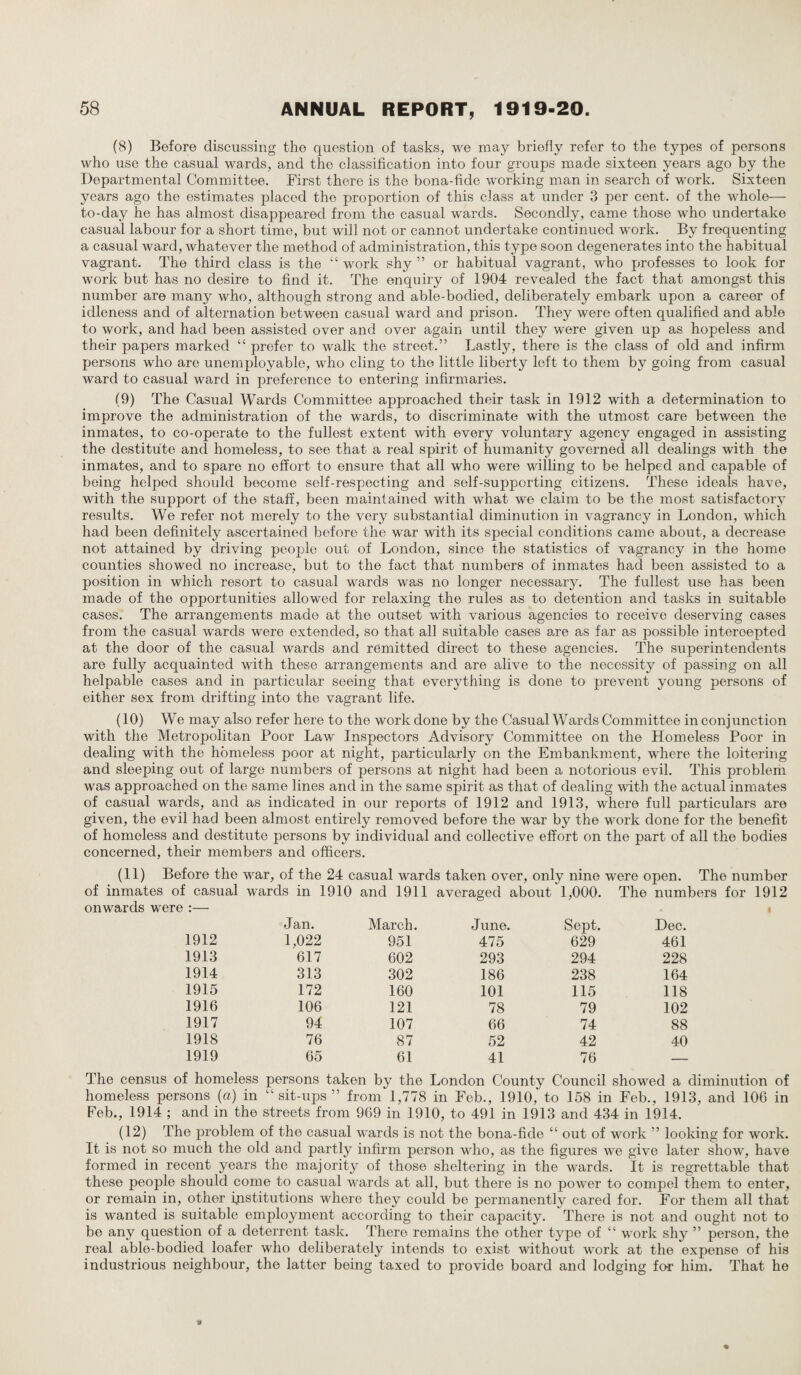 (8) Before discussing the question of tasks, we may briefly refer to the types of persons who use the casual wards, and the classification into four groups made sixteen years ago by the Departmental Committee. First there is the bona-fide working man in search of work. Sixteen years ago the estimates placed the proportion of this class at under 3 per cent, of the whole— to-day he has almost disappeared from the casual wards. Secondly, came those who undertake casual labour for a short time, but will not or cannot undertake continued work. By frequenting a casual ward, whatever the method of administration, this type soon degenerates into the habitual vagrant. The third class is the “ work shy ” or habitual vagrant, who professes to look for work but has no desire to find it. The enquiry of 1904 revealed the fact that amongst this number are many who, although strong and able-bodied, deliberately embark upon a career of idleness and of alternation between casual ward and prison. They were often qualified and able to work, and had been assisted over and over again until they were given up as hopeless and their papers marked “ prefer to walk the street.” Lastly, there is the class of old and infirm persons who are unemployable, who cling to the little liberty left to them by going from casual ward to casual ward in preference to entering infirmaries. (9) The Casual Wards Committee approached their task in 1912 with a determination to improve the administration of the wards, to discriminate with the utmost care between the inmates, to co-operate to the fullest extent with every voluntary agency engaged in assisting the destitute and homeless, to see that a real spirit of humanity governed all dealings with the inmates, and to spare no effort to ensure that all who were willing to be helped and capable of being helped should become self-respecting and self-supporting citizens. These ideals have, with the support of the staff, been maintained with what we claim to be the most satisfactory results. We refer not merely to the very substantial diminution in vagrancy in London, which had been definitely ascertained before the war with its special conditions came about, a decrease not attained by driving people out of London, since the statistics of vagrancy in the home counties showed no increase, but to the fact that numbers of inmates had been assisted to a position in which resort to casual wards was no longer necessary. The fullest use has been made of the opportunities allowed for relaxing the rules as to detention and tasks in suitable cases. The arrangements made at the outset with various agencies to receive deserving cases from the casual wards were extended, so that all suitable cases are as far as possible intercepted at the door of the casual wards and remitted direct to these agencies. The superintendents are fully acquainted with these arrangements and are alive to the necessity of passing on all helpable cases and in particular seeing that everything is done to prevent young persons of either sex from drifting into the vagrant life. (10) We may also refer here to the work done by the Casual Wards Committee in conjunction with the Metropolitan Poor Law Inspectors Advisory Committee on the Homeless Poor in dealing with the homeless poor at night, particularly on the Embankment, where the loitering and sleeping out of large numbers of persons at night had been a notorious evil. This problem was approached on the same lines and in the same spirit as that of dealing with the actual inmates of casual wards, and as indicated in our reports of 1912 and 1913, where full particulars are given, the evil had been almost entirely removed before the war by the work done for the benefit of homeless and destitute persons by individual and collective effort on the part of all the bodies concerned, their members and officers. (11) Before the war, of the 24 casual wards taken over, only nine were open. The number of inmates of casual wards in 1910 and 1911 averaged about 1,000. The numbers for 1912 onwards were :— Jan. March. J une. Sept. Dec. 1912 1,022 951 475 629 461 1913 617 602 293 294 228 1914 313 302 186 238 164 1915 172 160 101 115 118 1916 106 121 78 79 102 1917 94 107 66 74 88 1918 76 87 52 42 40 1919 65 61 41 76 — The census of homeless persons taken by the London County Council showed a diminution of homeless persons (a) in “sit-ups” from 1,778 in Feb., 1910, to 158 in Feb., 1913, and 106 in Feb., 1914 ; and in the streets from 969 in 1910, to 491 in 1913 and 434 in 1914. (12) The problem of the casual wards is not the bona-fide “ out of work ” looking for work. It is not so much the old and partly infirm person who, as the figures we give later show, have formed in recent years the majority of those sheltering in the wards. It is regrettable that these people should come to casual wards at all, but there is no power to compel them to enter, or remain in, other Institutions where they could be permanently cared for. For them all that is wanted is suitable employment according to their capacity. There is not and ought not to be any question of a deterrent task. There remains the other type of “ work shy ” person, the real able-bodied loafer who deliberately intends to exist without work at the expense of his industrious neighbour, the latter being taxed to provide board and lodging for him. That he