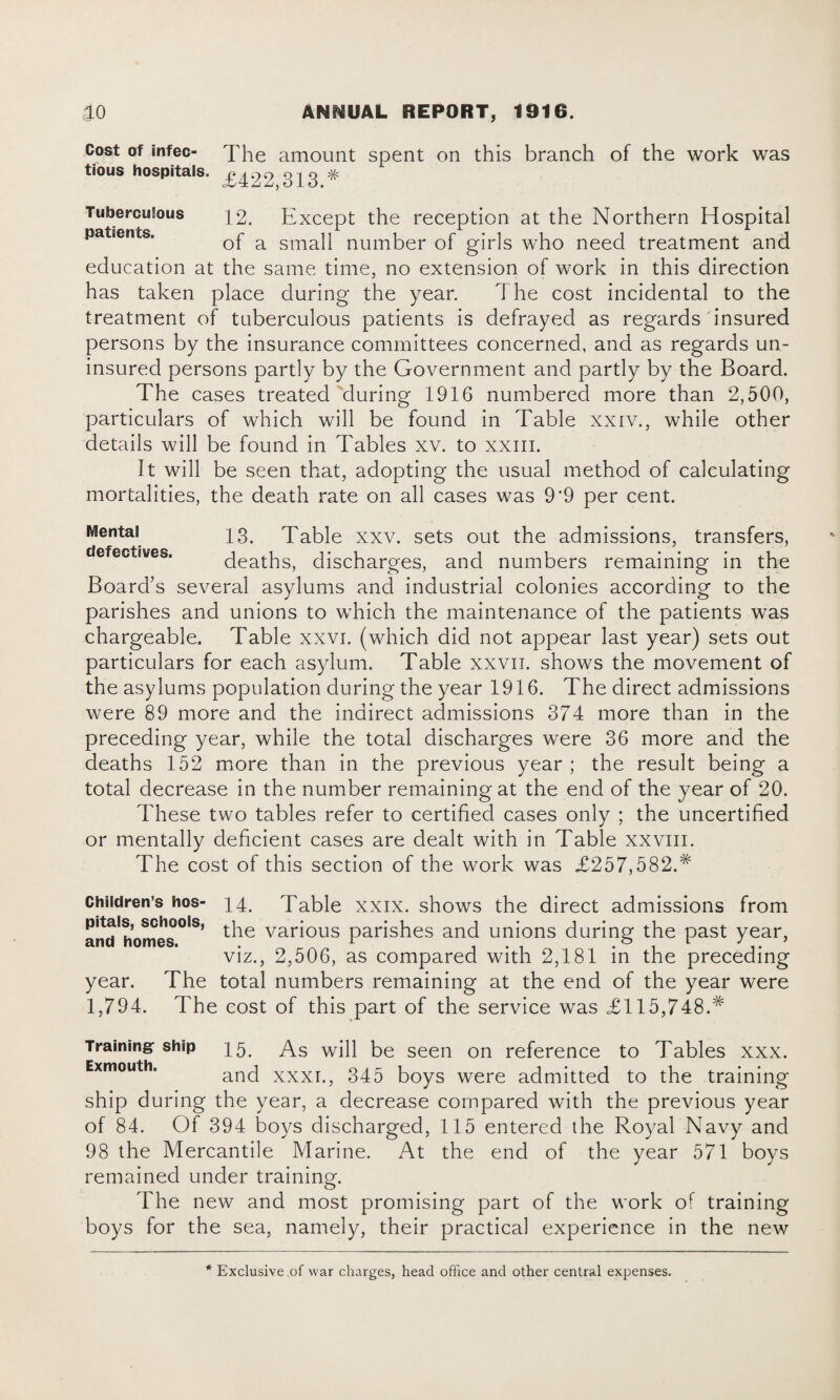 Cost of infec- The amount spent on this branch of the work was tious hospitals. £‘1*^2 313 Tuberculous patients. 12. Except the reception at the Northern Hospital of a small number of girls who need treatment and education at the same time, no extension of work in this direction has taken place during the year. The cost incidental to the treatment of tuberculous patients is defrayed as regards insured persons by the insurance committees concerned, and as regards un¬ insured persons partly by the Government and partly by the Board. The cases treated during 1916 numbered more than 2,500, particulars of which will be found in Table xxiv., while other details will be found in Tables xv. to xxm. It will be seen that, adopting the usual method of calculating mortalities, the death rate on all cases was 9‘9 per cent. Mental defectives. 13. Table xxv. sets out the admissions, transfers, deaths, discharges, and numbers remaining in the Board’s several asylums and industrial colonies according to the parishes and unions to which the maintenance of the patients was chargeable. Table xxvi. (which did not appear last year) sets out particulars for each asylum. Table xxvn. shows the movement of the asylums population during the year 1916. The direct admissions were 89 more and the indirect admissions 374 more than in the preceding year, while the total discharges were 36 more and the deaths 152 more than in the previous year ; the result being a total decrease in the number remaining at the end of the year of 20. These two tables refer to certified cases only ; the uncertified or mentally deficient cases are dealt with in Table xxvm. The cost of this section of the work was £257,582.# Children’s hos- it Table xxix. shows the direct admissions from the various parishes and unions during the past year, viz., 2,506, as compared with 2,181 in the preceding year. The total numbers remaining at the end of the year were 1,794. The cost of this part of the service was £115,748.# Training ship 15. As WJU be seen on reference to Tables xxx. and xxxi., 345 boys were admitted to the training ship during the year, a decrease compared with the previous year of 84. Of 394 boys discharged, 115 entered the Royal Navy and 98 the Mercantile Marine. At the end of the year 571 boys remained under training. The new and most promising part of the work of training boys for the sea, namely, their practical experience in the new * Exclusive of war charges, head office and other central expenses.