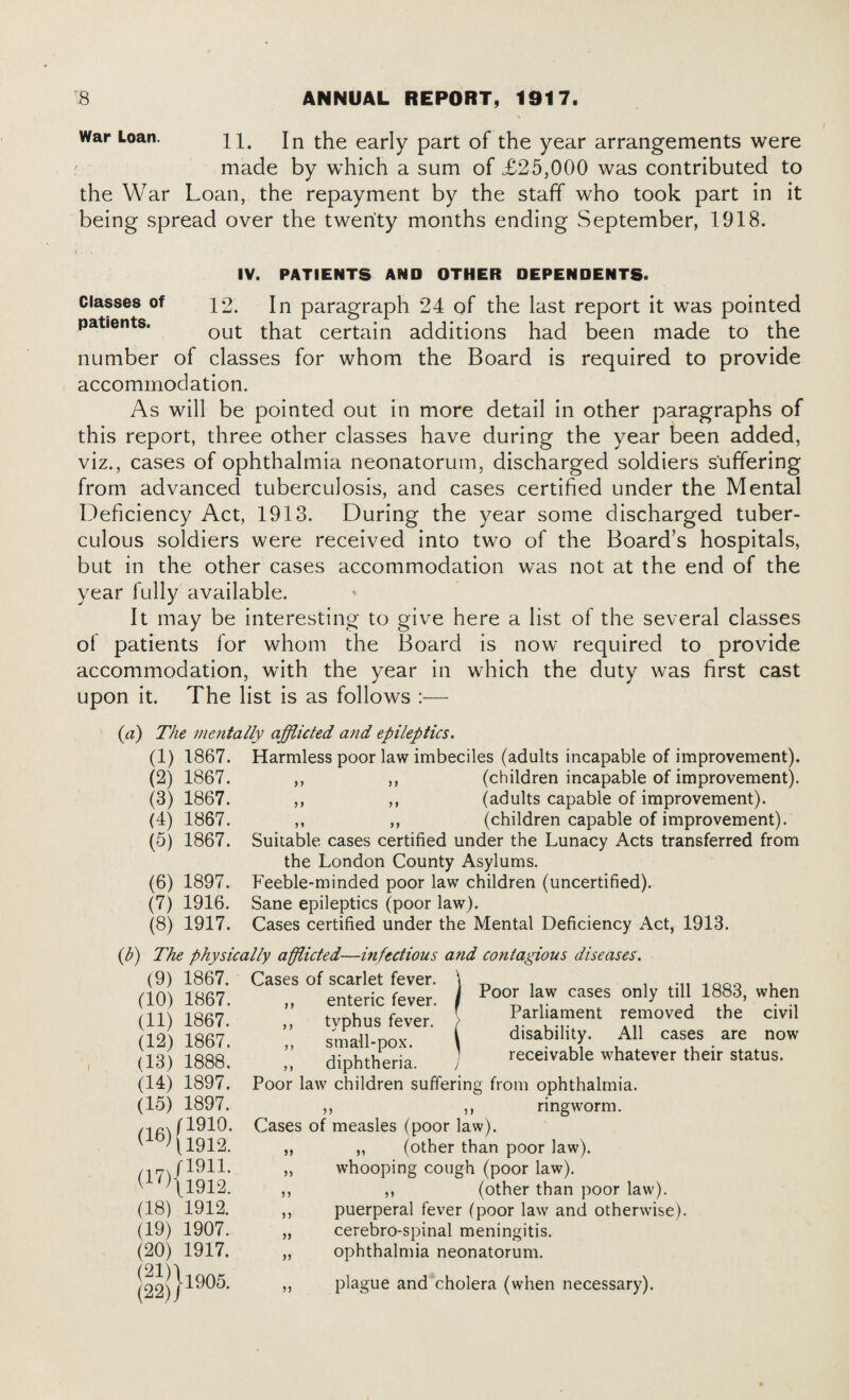 War Loan. 11. In the early part of the year arrangements were made by which a sum of £25,000 was contributed to the War Loan, the repayment by the staff who took part in it being spread over the twenty months ending September, 1918. IV. PATIENTS AND OTHER DEPENDENTS. Classes of 12. In paragraph 24 of the last report it was pointed patients. Qut that certain additions had been made to the number of classes for whom the Board is required to provide accommodation. As will be pointed out in more detail in other paragraphs of this report, three other classes have during the year been added, viz., cases of ophthalmia neonatorum, discharged soldiers suffering from advanced tuberculosis, and cases certified under the Mental Deficiency Act, 1913. During the year some discharged tuber¬ culous soldiers were received into two of the Board’s hospitals, but in the other cases accommodation was not at the end of the year fully available. It may be interesting to give here a list of the several classes of patients for whom the Board is now required to provide accommodation, with the year in which the duty was first cast upon it. The list is as follows :— ft 9 9 99 9 I 99 (a) The mentally afflicted and epileptics. (1) 1867. Harmless poor law imbeciles (adults incapable of improvement). (children incapable of improvement), (adults capable of improvement), (children capable of improvement). Suitable cases certified under the Lunacy Acts transferred from the London County Asylums. Feeble-minded poor law children (uncertified). Sane epileptics (poor law). Cases certified under the Mental Deficiency Act, 1913. (b) The physically afflicted—infectious and contagious diseases. (9) 1867. Cases of scarlet fever. enteric fever. (2) 1867. (3) 1867. (4) 1867. (5) 1867. (6) 1897. (7) 1916. (8) 1917. (10) 1867. (11) 1867. (12) 1867. (13) 1888. (14) 1897. (15) 1897. n\ f 1910. <16>U912. f 1911. ‘ 1912. (18) 1912. (19) 1907. (20) 1917. (21^1905. 99 9 9 9 9 9 } typhus fever, small-pox. diphtheria. Poor law cases only till 1883, when Parliament removed the civil disability. All cases are now receivable whatever their status. (17){; Poor law children suffering from ophthalmia. ,, ,, ringworm. Cases of measles (poor law). ,, (other than poor law), whooping cough (poor law). ,, (other than poor law), puerperal fever (poor law and otherwise), cerebro-spinal meningitis, ophthalmia neonatorum. )) ) > » plague and cholera (when necessary).