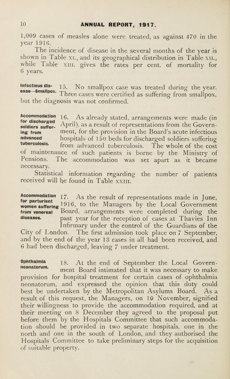 1,009 cases of measles alone were treated, as against 470 in the year 1916. The incidence of disease in the several months of the year is shown in Table xi., and its geographical distribution in Table xn., while 1 able xm. gives the rates per cent, of mortality for 6 years. infectious dis» 15. No smallpox case was treated during the year, ease—Smallpox. Tu 1 .r , r . & ' 1 hree cases were certified as suffering from smallpox, but the diagnosis was not confirmed. Accommodation AS already stated, arrangements were made (in for discharged a r\ w r • r , ~ soldiers suffer- ^PriT as a result of representations from the Govern¬ ing from ment, for the provision in the Board’s acute infectious advanced hospitals of 150 beds for discharged soldiers suffering tuberculosis. from advanced tuberculosis. The whole of the cost of maintenance of such patients is borne by the Ministry of Pensions. The accommodation was set apart as it became necessary. Statistical information regarding the number of patients received will be found in Table xxm. foTparturient*1 t^e resu^ °f representations made in June, women suffering PM6, to the Managers by the Local Government from venereal Board, arrangements were completed during the diseases. past year for the reception of cases at Thavies Inn Infirmary under the control of the Guardians of the City of London. The first admission took place on 7 September, and by the end of the year 13 cases in all had been received, and 6 had been discharged, leaving 7 under treatment. Ophthalmia 18. At the end of September the Local Govern¬ ment Board intimated that it was necessary to make provision for hospital treatment for certain cases of ophthalmia neonatorum, and expressed the opinion that this duty could best be undertaken by the Metropolitan Asylums Board. As a result of this request, the Managers, on 10 November, signified their willingness to provide the accommodation required, and at their meeting on 8 December they agreed to the proposal put before them by the Hospitals Committee that such accommoda¬ tion should be provided in two separate hospitals, one in the north and one in the south of London, and they authorised the Hospitals Committee to take preliminary steps for the acquisition of suitable property.