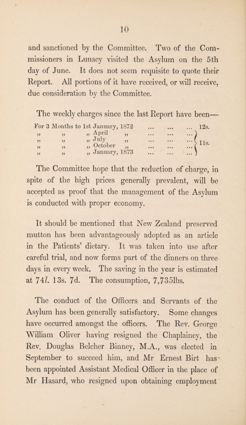 and sanctioned by the Committee. Two of the Com¬ missioners in Lunacy visited the Asylum on the 5 th day of June. It does not seem requisite to quote their Report. All portions of it have received, or will receive, due consideration by the Committee. The weekly charges since the last Report have been- 12s. For 3 Months to 1st January, 1872 ,, ,, ,, April V yy 55 55 55 yy >y yy July October January, 1873 yy yy yy lls. The Committee hope that the reduction of charge, in spite of the high prices generally prevalent, will be accepted as proof that the management of the Asylum is conducted with proper economy. It should be mentioned that New Zealand preserved mutton has been advantageously adopted as an article in the Patients’ dietary. It was taken into use after careful trial, and now forms part of the dinners on three days in every week. The saving in the year is estimated at 741. 13s. 7d. The consumption, 7,7351bs. The conduct of the Officers and Servants of the Asylum has been generally satisfactory. Some changes have occurred amongst the officers. The Rev. George William Oliver having resigned the Chaplaincy, the Rev. Douglas Belcher Binney, M.A., was elected in September to succeed him, and Mr Ernest Birt has been appointed Assistant Medical Officer in the place of Mr Hasard, who resigned upon obtaining employment