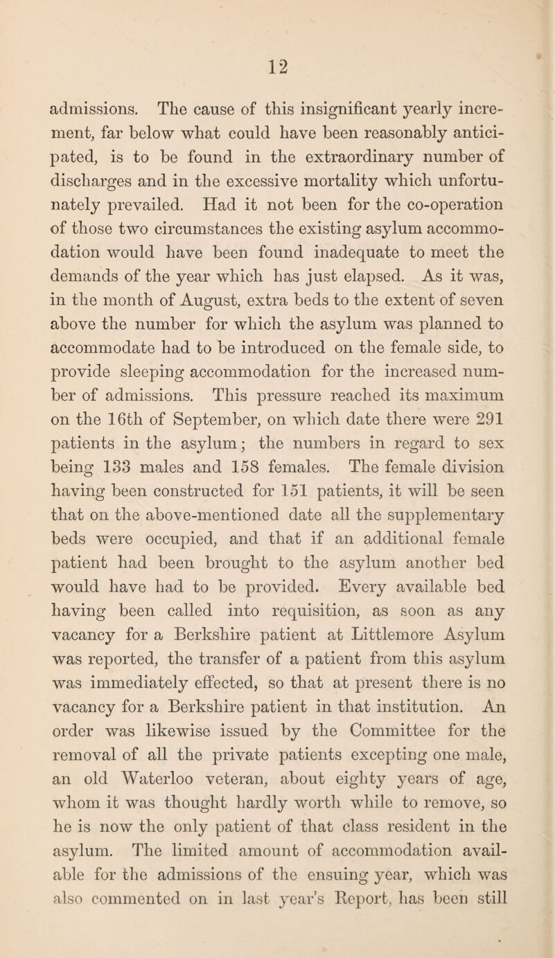 admissions. The cause of this insignificant yearly incre¬ ment, far below what could have been reasonably antici¬ pated, is to be found in the extraordinary number of discharges and in the excessive mortality which unfortu¬ nately prevailed. Had it not been for the co-operation of those two circumstances the existing asylum accommo¬ dation would have been found inadequate to meet the demands of the year which has just elapsed. As it was, in the month of August, extra beds to the extent of seven above the number for which the asylum was planned to accommodate had to be introduced on the female side, to provide sleeping accommodation for the increased num¬ ber of admissions. This pressure reached its maximum on the 16th of September, on which date there were 291 patients in the asylum; the numbers in regard to sex being 133 males and 158 females. The female division having been constructed for 151 patients, it will be seen that on the above-mentioned date all the supplementary beds were occupied, and that if an additional female patient had been brought to the asylum another bed would have had to be provided. Every available bed having been called into requisition, as soon as any vacancy for a Berkshire patient at Littlemore Asylum was reported, the transfer of a patient from this asylum was immediately effected, so that at present there is no vacancy for a Berkshire patient in that institution. An order was likewise issued by the Committee for the removal of all the private patients excepting one male, an old Waterloo veteran, about eighty years of age, whom it was thought hardly worth while to remove, so he is now the only patient of that class resident in the asylum. The limited amount of accommodation avail¬ able for the admissions of the ensuing year, which was also commented on in last year s Report, has been still