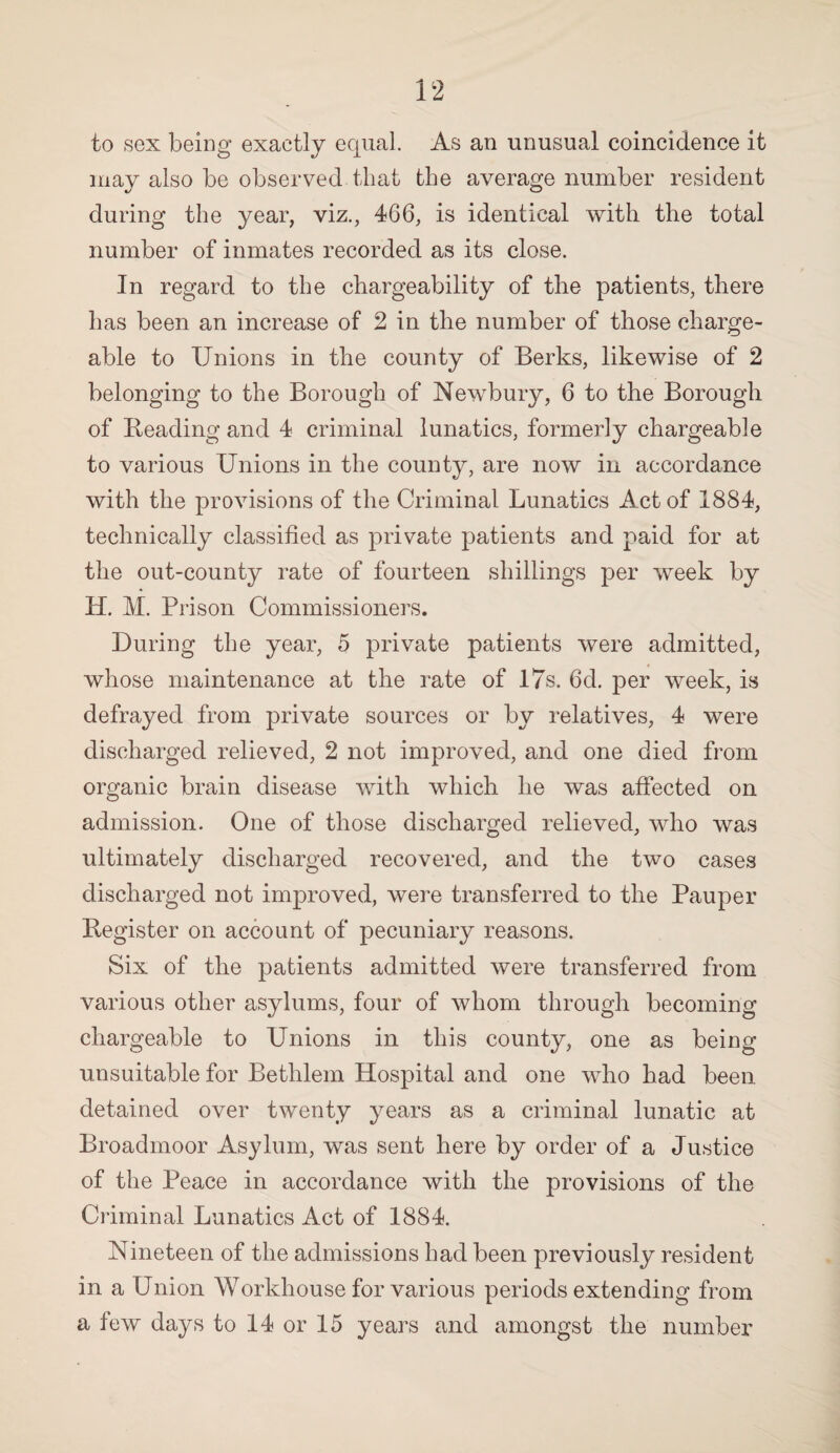 to sex being exactly equal. As an unusual coincidence it may also be observed that the average number resident during the year, viz., 466, is identical with the total number of inmates recorded as its close. In regard to the changeability of the patients, there has been an increase of 2 in the number of those charge¬ able to Unions in the county of Berks, likewise of 2 belonging to the Borough of Newbury, 6 to the Borough of Beading and 4 criminal lunatics, formerly chargeable to various Unions in the county, are now in accordance with the provisions of the Criminal Lunatics Act of 1884, technically classified as private patients and paid for at the out-county rate of fourteen shillings per week by H. M. Prison Commissioners. During the year, 5 private patients were admitted, whose maintenance at the rate of 17s. 6cl. per week, is defrayed from private sources or by relatives, 4 were discharged relieved, 2 not improved, and one died from organic brain disease with which he was affected on admission. One of those discharged relieved, who was ultimately discharged recovered, and the two cases discharged not improved, were transferred to the Pauper Begister on account of pecuniary reasons. Six of the patients admitted were transferred from various other asylums, four of whom through becoming chargeable to Unions in this county, one as being unsuitable for Betlilem Hospital and one who had been detained over twenty years as a criminal lunatic at Broadmoor Asylum, was sent here by order of a Justice of the Peace in accordance with the provisions of the Criminal Lunatics Act of 1884. Nineteen of the admissions had been previously resident in a Union Workhouse for various periodsextending from a few days to 14 or 15 years and amongst the number