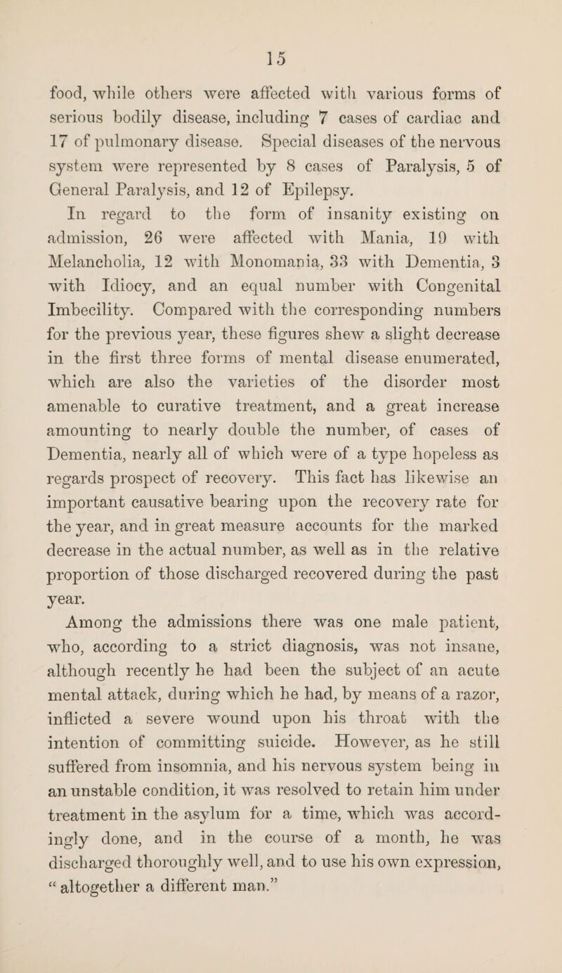 food, while others were affected with various forms of serious bodily disease, including 7 cases of cardiac and 17 of pulmonary disease. Special diseases of the nervous system were represented by 8 cases of Paralysis, 5 of General Paralysis, and 12 of Epilepsy. In regard to the form of insanity existing on admission, 26 were affected with Mania, 19 with Melancholia, 12 with Monomania, 33 with Dementia, 3 with Idiocy, and an equal number with Congenital Imbecility. Compared with the corresponding numbers for the previous year, these figures shew a slight decrease in the first three forms of mental disease enumerated, which are also the varieties of the disorder most amenable to curative treatment, and a great increase amounting to nearly double the number, of cases of Dementia, nearly all of which were of a type hopeless as regards prospect of recovery. This fact has likewise an important causative bearing upon the recovery rate for the year, and in great measure accounts for the marked decrease in the actual number, as well as in the relative proportion of those discharged recovered during the past year. Among the admissions there was one male patient, who, according to a strict diagnosis, was not insane, although recently he had been the subject of an acute mental attack, during which he had, by means of a razor, inflicted a severe wound upon his throat with the intention of committing suicide. However, as he still suffered from insomnia, and his nervous system being in an unstable condition, it was resolved to retain him under treatment in the asvlum for a time, which was accord- ingly done, and in the course of a month, he was discharged thoroughly well, and to use his own expression, “ altogether a different man.”