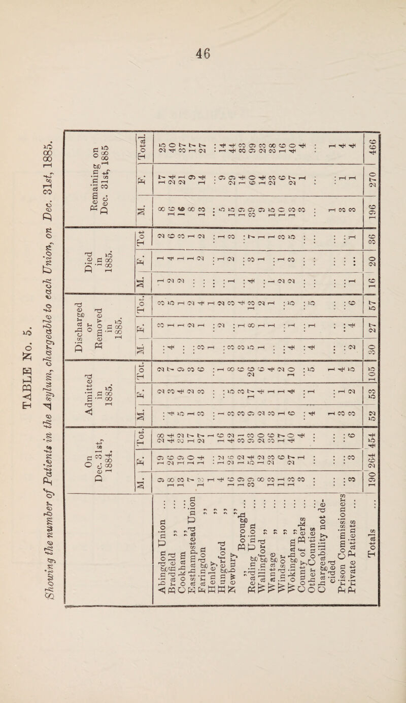 TABLE No. 5. Showing the number of Patients in the Asylum, chargeable to each Union, on Pec. 31st, 1885.