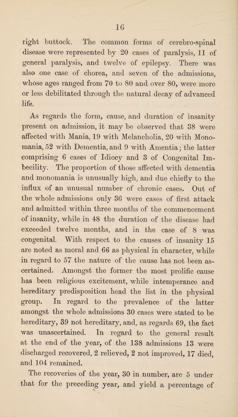 right buttock. The common forms of cerebro-spinal disease were represented by 20 cases of paralysis, 11 of general paralysis, and twelve of epilepsy. There was also one case of chorea, and seven of the admissions, whose ages ranged from 70 to 80 and over 80, were more or less debilitated through the natural decay of advanced life. As regards the form, cause, and duration of insanity present on admission, it may be observed that 88 were affected with Mania, 19 with Melancholia, 20 with Mono¬ mania, 52 with Dementia, and 9 with Amentia; the latter comprising 6 cases of Idiocy and 8 of Congenital Im¬ becility. The proportion of those affected with dementia and monomania is unusually high, and due chiefly to the influx of an unusual number of chronic cases. Out of the whole admissions only 86 were cases of first attack and admitted within three months of the commencement of insanity, while in 48 the duration of the disease had exceeded twelve months, and in the case of 8 was congenital. With respect to the causes of insanity 15 are noted as moral and 66 as physical in character, while in regard to 57 the nature of the cause has not been as¬ certained. Amongst the former the most prolific cause has been religious excitement, while intemperance and hereditary predisposition head the list in the physical group. In regard to the prevalence of the latter amongst the whole admissions 30 cases were stated to be hereditary, 39 not hereditary, and, as regards 69, the fact was unascertained. In regard to the general result at the end of the year, of the 188 admissions 18 were discharged recovered, 2 relieved, 2 not improved, 17 died, and 104 remained. The recoveries of the year, 30 in number, are 5 under that for the preceding year, and yield a percentage of