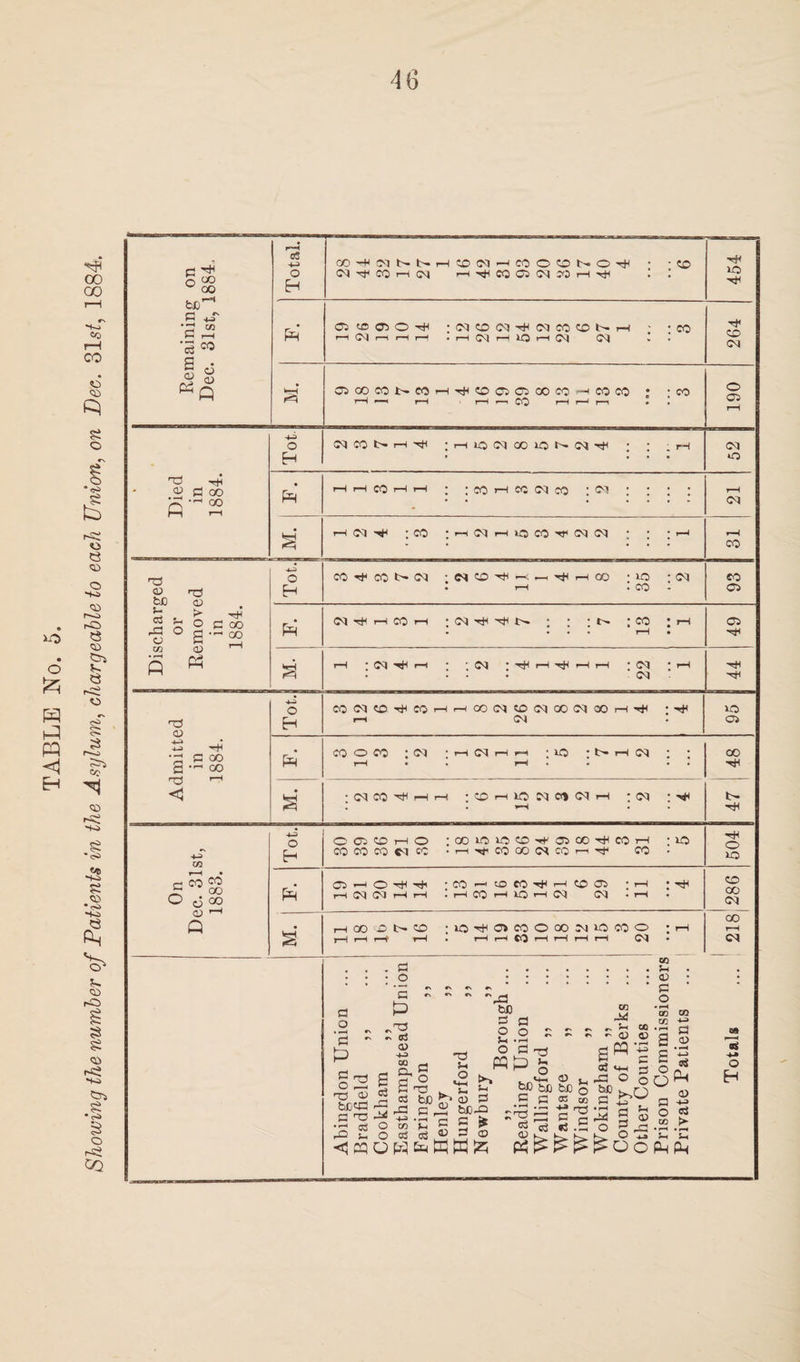 TABLE No. 5. Showing the number of Patients in the Asylum, chargeable to each Union, on Pec. 31st, 1884.