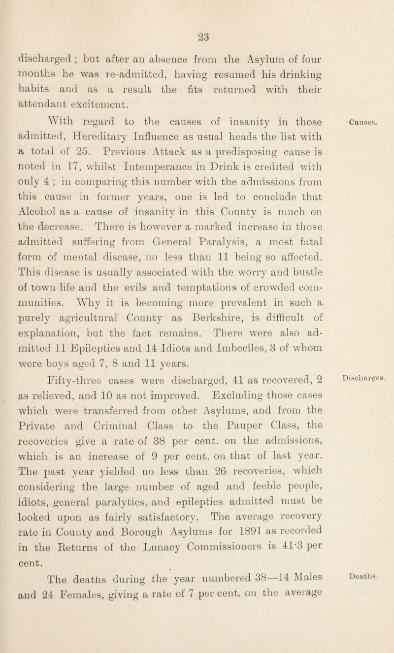 discharged ; but after ail absence from the Asylum of four months he was re-admitted, having resumed his drinking habits and as a result the fits returned with their attendant excitement. With regard to the causes of insanity in those admitted, Hereditary Influence as usual heads the list with a total of 25. Previous Attack as a predisposing cause is noted in 17, whilst Intemperance in Drink is credited with only 4 ; in comparing this number with the admissions from this cause in former years, one is led to conclude that Alcohol as a cause of insanity in this County is much on the decrease. There is however a marked increase in those admitted suffering from General Paralysis, a most fatal form of mental disease, no less than 11 being so affected. This disease is usually associated with the worry and bustle of town life and the evils and temptations of crowded com¬ munities. Why it is becoming more prevalent in such a. purely agricultural County as Berkshire, is difficult of explanation, but the fact remains. There were also ad¬ mitted 11 Epileptics and 14 Idiots and Imbeciles, 3 of whom were boys aged 7, 8 and 11 years. Fifty-three cases were discharged, 41 as recovered, 2 as relieved, and 10 as not improved. Excluding those cases which were transferred from other Asylums, and from the Private and Criminal Class to the Pauper Class, the recoveries give a rate of 38 per cent, on the admissions, which is an increase of 9 per cent, on that of last year. The past year yielded no less than 26 recoveries, which considering the large number of aged and feeble people, idiots, general paralytics, and epileptics admitted must be looked upon as fairly satisfactory. The average recovery rate in County and Borough Asylums for 1891 as recorded in the Beturns of the Lunacy Commissioners is 41'3 per cent. The deaths during the year numbered 38—14 Males and 24 Females, giving a rate of 7 per cent, on the average Causes. Discharges. Deaths.