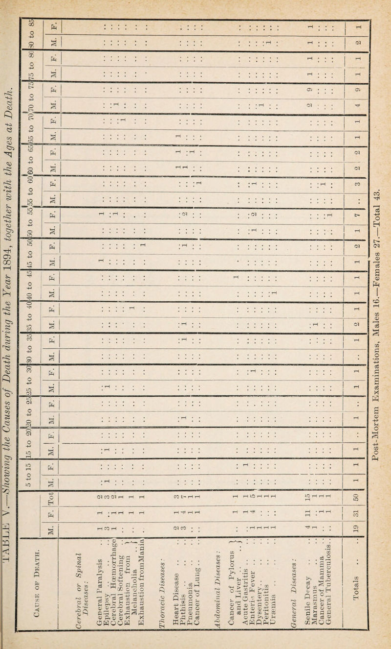TABLE V.—Showing the Causes of Death during the Year 1894, together with the Ages at Death. Post-Mortem Examinations, Males 16.—Females 27.—Total 43.