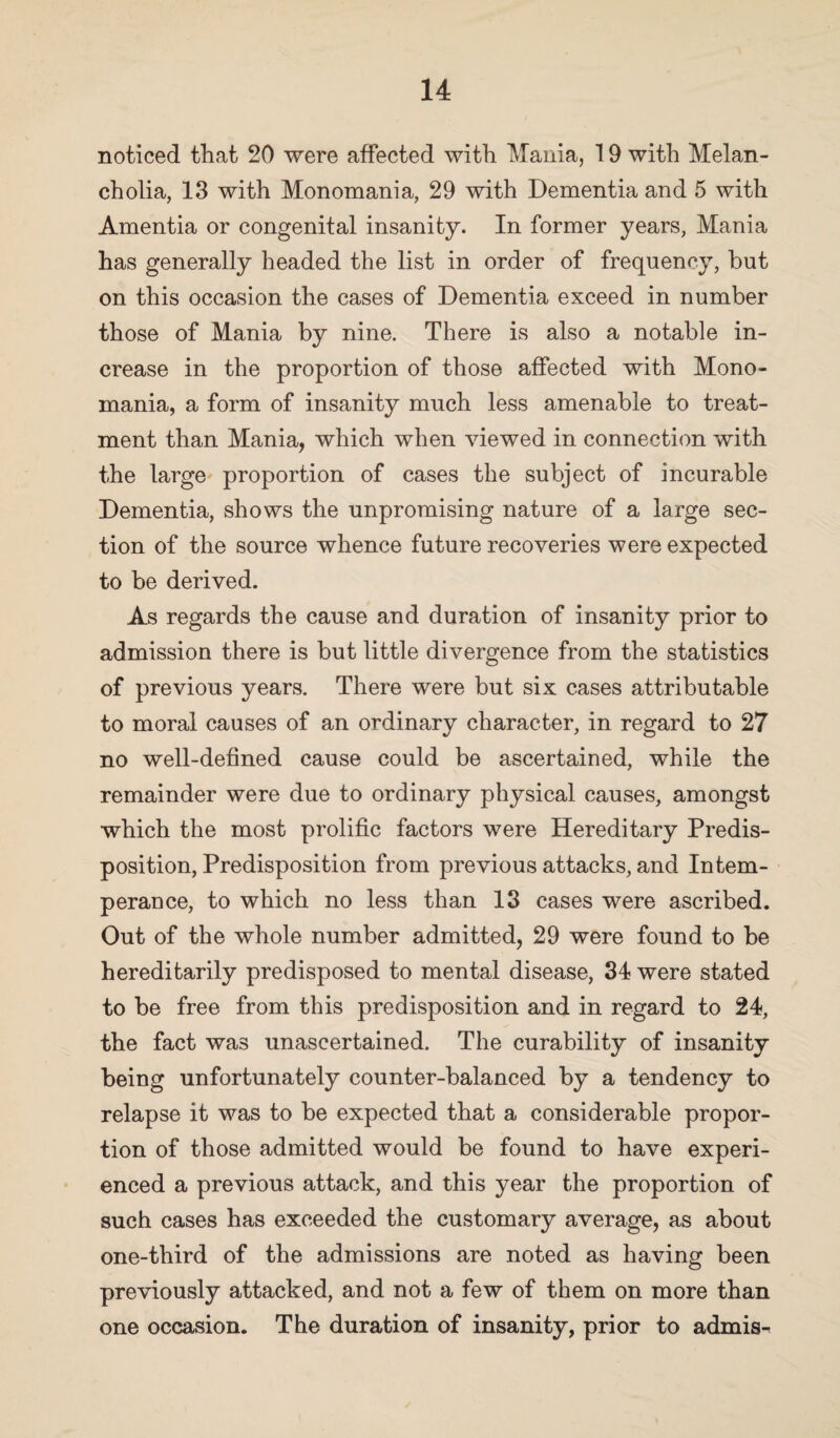 noticed that 20 were affected with Mania, 19 with Melan¬ cholia, 13 with Monomania, 29 with Dementia and 5 with Amentia or congenital insanity. In former years, Mania has generally headed the list in order of frequency, but on this occasion the cases of Dementia exceed in number those of Mania by nine. There is also a notable in¬ crease in the proportion of those affected with Mono¬ mania, a form of insanity much less amenable to treat¬ ment than Mania, which when viewed in connection with the large proportion of cases the subject of incurable Dementia, shows the unpromising nature of a large sec¬ tion of the source whence future recoveries were expected to be derived. As regards the cause and duration of insanity prior to admission there is but little divergence from the statistics of previous years. There were but six cases attributable to moral causes of an ordinary character, in regard to 27 no well-defined cause could be ascertained, while the remainder were due to ordinary physical causes, amongst which the most prolific factors were Hereditary Predis¬ position, Predisposition from previous attacks, and Intem¬ perance, to which no less than 13 cases were ascribed. Out of the whole number admitted, 29 were found to be hereditarily predisposed to mental disease, 34 were stated to be free from this predisposition and in regard to 24, the fact was unascertained. The curability of insanity being unfortunately counter-balanced by a tendency to relapse it was to be expected that a considerable propor¬ tion of those admitted would be found to have experi¬ enced a previous attack, and this year the proportion of such cases has exceeded the customary average, as about one-third of the admissions are noted as having been previously attacked, and not a few of them on more than one occasion. The duration of insanity, prior to admis-