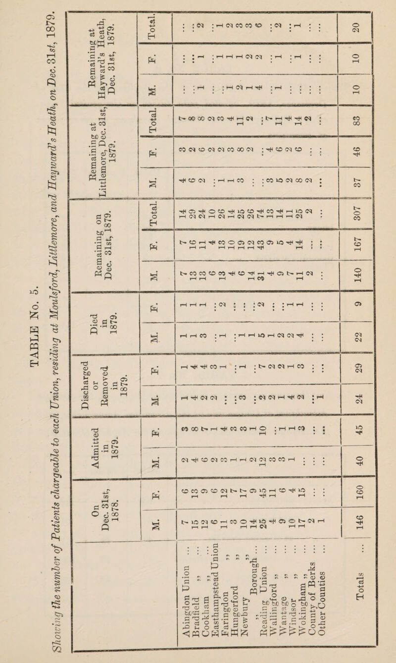 TABLE No. 5. 81i02dng the number of Patients chargeable to each Union, residing at Moulsford, Littlemore, and Hayward's Heath, on Dec. 31s^, 1879