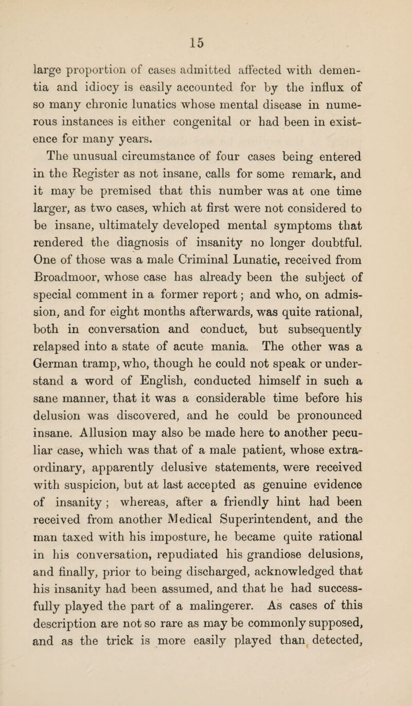 large proportion of cases admitted affected with demen¬ tia and idiocy is easily accounted for by the influx of so many chronic lunatics whose mental disease in nume¬ rous instances is either congenital or had been in exist¬ ence for many years. The unusual circumstance of four cases being entered in the Register as not insane, calls for some remark, and it may be premised that this number was at one time larger, as two cases, which at first were not considered to be insane, ultimately developed mental symptoms that rendered the diagnosis of insanity no longer doubtful. One of those was a male Criminal Lunatic, received from Broadmoor, whose case has already been the subject of special comment in a former report; and who, on admis¬ sion, and for eight months afterwards, was quite rational, both in conversation and conduct, but subsequently relapsed into a state of acute mania. The other was a German tramp, who, though he could not speak or under¬ stand a word of English, conducted himself in such a sane manner, that it was a considerable time before his delusion was discovered, and he could be pronounced insane. Allusion may also be made here to another pecu¬ liar case, which was that of a male patient, whose extra¬ ordinary, apparently delusive statements, were received with suspicion, but at last accepted as genuine evidence of insanity ; whereas, after a friendly hint had been received from another Medical Superintendent, and the man taxed with his imposture, he became quite rational in his conversation, repudiated his grandiose delusions, and finally, prior to being discharged, acknowledged that his insanity had been assumed, and that he had success¬ fully played the part of a malingerer. As cases of this description are not so rare as may be commonly supposed, and as the trick is more easily played than detected.