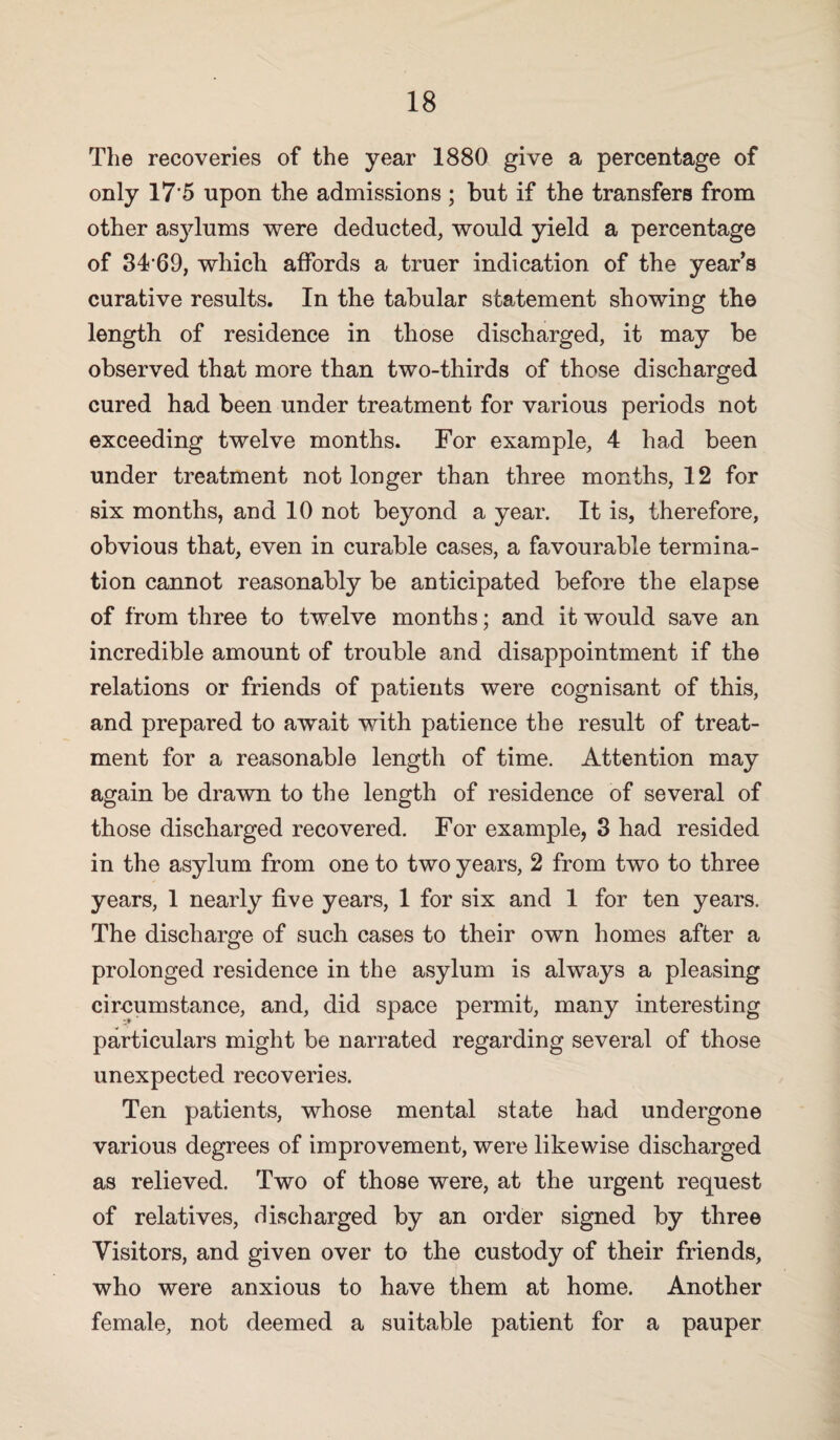 The recoveries of the year 1880 give a percentage of only 17'5 upon the admissions ; but if the transfers from other asjdums were deducted, would yield a percentage of 84‘69, which affords a truer indication of the year’s curative results. In the tabular statement showing the length of residence in those discharged, it may be observed that more than two-thirds of those discharged cured had been under treatment for various periods not exceeding twelve months. For example, 4 had been under treatment not longer than three months, 12 for six months, and 10 not beyond a year. It is, therefore, obvious that, even in curable cases, a favourable termina¬ tion cannot reasonably be anticipated before the elapse of from three to twelve months; and it would save an incredible amount of trouble and disappointment if the relations or friends of patients were cognisant of this, and prepared to await with patience the result of treat¬ ment for a reasonable length of time. Attention may again be drawn to the length of residence of several of those discharged recovered. For example, 8 had resided in the asylum from one to two years, 2 from two to three years, 1 nearly five years, 1 for six and 1 for ten years. The discharge of such cases to their own homes after a prolonged residence in the asylum is always a pleasing circumstance, and, did space permit, many interesting particulars might be narrated regarding several of those unexpected recoveries. Ten patients, whose mental state had undergone various degrees of improvement, were likewise discharged as relieved. Two of those were, at the urgent request of relatives, discharged by an order signed by three Visitors, and given over to the custody of their friends, who were anxious to have them at home. Another female, not deemed a suitable patient for a pauper