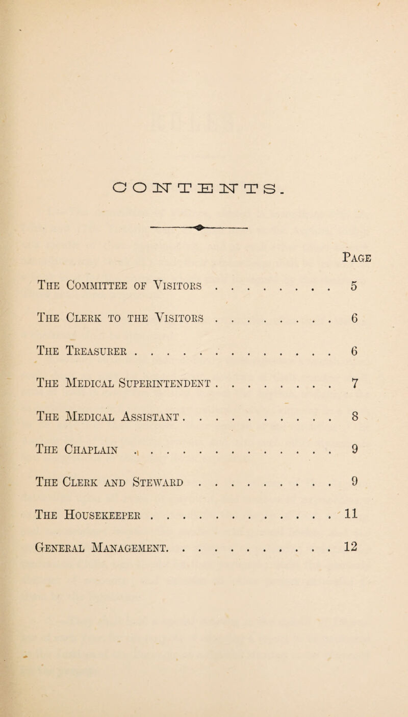 OOHTE1TTS. Page The Committee of Visitors.5 The Clerk to the Visitors.6 The Treasurer. 6 The Medical Superintendent.7 The Medical Assistant.8 The Chaplain.9 The Clerk and Steward.9 The Housekeeper.Ml