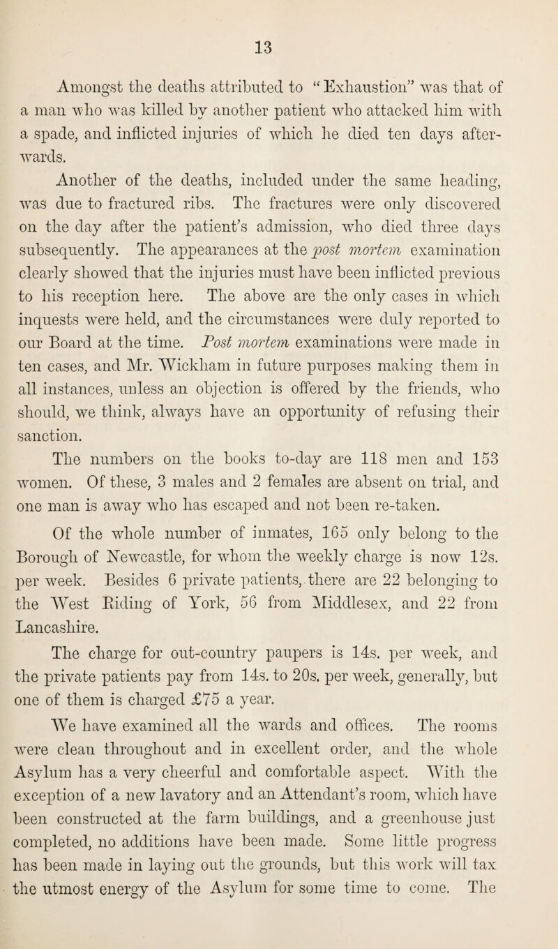 Amongst the deaths attributed to “ Exhaustion” was that of a man who was killed bv another patient who attacked him with a spade, and inflicted injuries of which he died ten days after- wards. Another of the deaths, included under the same heading, was due to fractured ribs. The fractures were only discovered on the day after the patient’s admission, who died three days subsequently. The appearances at the post mortem examination clearly showed that the injuries must have been inflicted previous to his reception here. The above are the only cases in which inquests were held, and the circumstances were duly reported to our Board at the time. Post mortem examinations were made in ten cases, and Mr. Wickham in future purposes making them in all instances, unless an objection is offered by the friends, who should, we think, always have an opportunity of refusing their sanction. The numbers on the books to-day are 118 men and 153 women. Of these, 3 males and 2 females are absent on trial, and one man is away who has escaped and not been re-taken. Of the whole number of inmates, 165 only belong to the Borough of Newcastle, for whom the weekly charge is now 12s. per week. Besides 6 private patients,.there are 22 belonging to the West Biding of York, 56 from Middlesex, and 22 from Lancashire. The charge for out-country paupers is 14s. per week, and the private patients pay from 14s. to 20s. per week, generally, but one of them is charged £75 a year. We have examined all the wards and offices. The rooms were clean throughout and in excellent order, and the whole Asylum has a very cheerful and comfortable aspect. W7ith the exception of a new lavatory and an Attendant’s room, which have been constructed at the farm buildings, and a greenhouse just completed, no additions have been made. Some little progress has been made in laying out the grounds, but this work will tax the utmost energy of the Asylum for some time to come. The