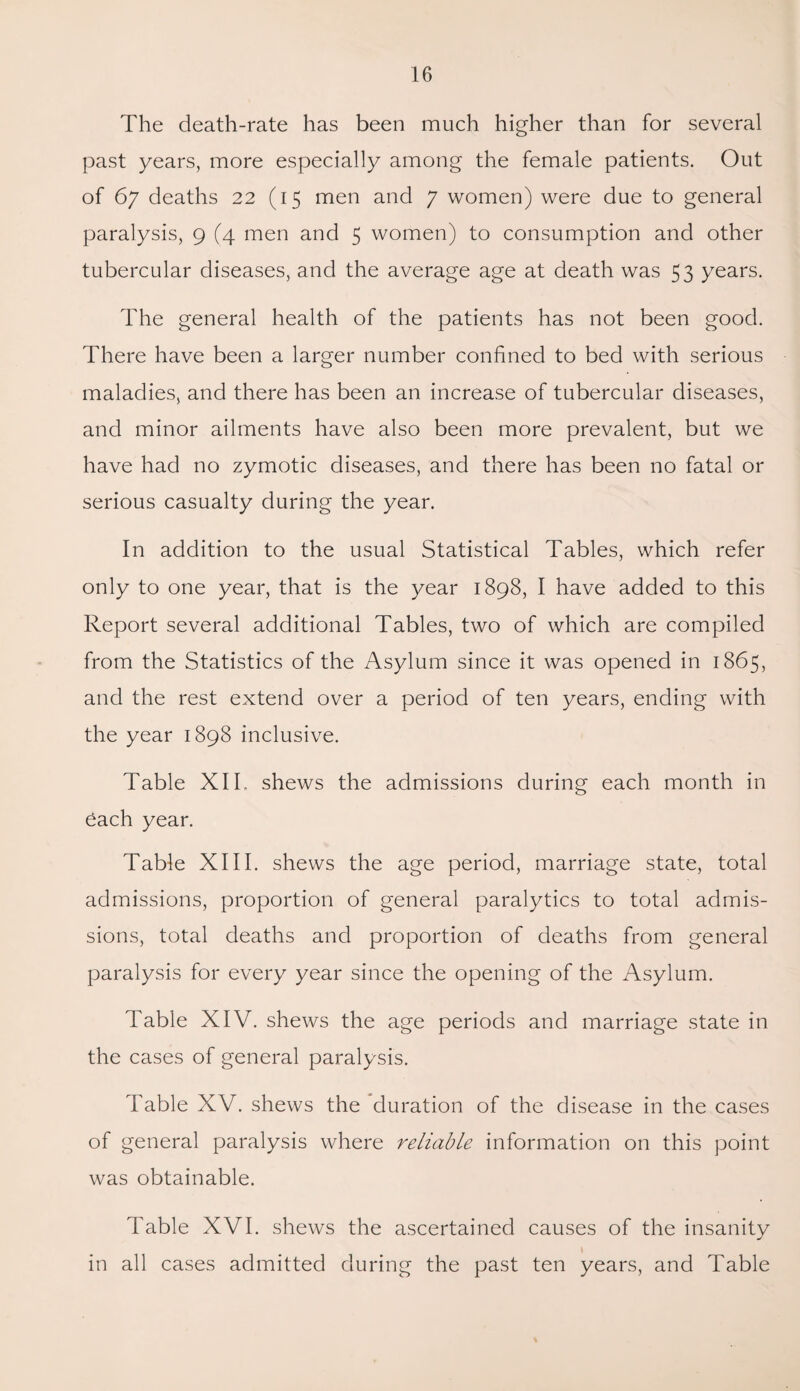 The death-rate has been much higher than for several past years, more especially among the female patients. Out of 67 deaths 22 (15 men and 7 women) were due to general paralysis, 9 (4 men and 5 women) to consumption and other tubercular diseases, and the average age at death was 53 years. The general health of the patients has not been good. There have been a larger number confined to bed with serious maladies, and there has been an increase of tubercular diseases, and minor ailments have also been more prevalent, but we have had no zymotic diseases, and there has been no fatal or serious casualty during the year. In addition to the usual Statistical Tables, which refer only to one year, that is the year 1898, I have added to this Report several additional Tables, two of which are compiled from the Statistics of the Asylum since it was opened in 1865, and the rest extend over a period of ten years, ending with the year 1898 inclusive. Table XII. shews the admissions during each month in each year. Table XIII. shews the age period, marriage state, total admissions, proportion of general paralytics to total admis¬ sions, total deaths and proportion of deaths from general paralysis for every year since the opening of the Asylum. Table XIV. shews the age periods and marriage state in the cases of general paralysis. Table XV. shews the duration of the disease in the cases of general paralysis where reliable information on this point was obtainable. Table XVI. shews the ascertained causes of the insanity in all cases admitted during the past ten years, and Table