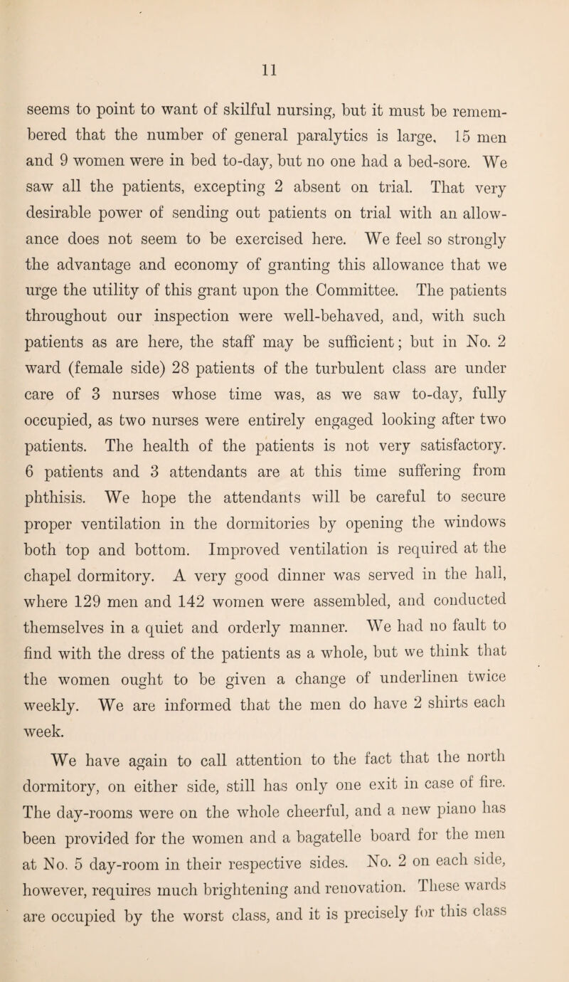 seems to point to want of skilful nursing, but it must be remem¬ bered that the number of general paralytics is large, 15 men and 9 women were in bed to-day, but no one had a bed-sore. We saw all the patients, excepting 2 absent on trial. That very desirable power of sending out patients on trial with an allow¬ ance does not seem to be exercised here. We feel so strongly the advantage and economy of granting this allowance that we urge the utility of this grant upon the Committee. The patients throughout our inspection were well-behaved, and, with such patients as are here, the staff may be sufficient; but in No. 2 ward (female side) 28 patients of the turbulent class are under care of 3 nurses whose time was, as we saw to-day, fully occupied, as two nurses were entirely engaged looking after two patients. The health of the patients is not very satisfactory. 6 patients and 3 attendants are at this time suffering from phthisis. We hope the attendants will be careful to secure proper ventilation in the dormitories by opening the windows both top and bottom. Improved ventilation is required at the chapel dormitory. A very good dinner was served in the hall, where 129 men and 142 women were assembled, and conducted themselves in a quiet and orderly manner. We had no fault to find with the dress of the patients as a whole, but we think that the women ought to be given a change of underlinen twice weekly. We are informed that the men do have 2 shirts each week. We have again to call attention to the fact that the north dormitory, on either side, still has only one exit in case of fire. The day-rooms were on the whole cheerful, and a new piano has been provided for the women and a bagatelle board for the men at No, 5 day-room in their respective sides. No. 2 on each side, however, requires much brightening and renovation. These wards are occupied by the worst class, and it is precisely for this class