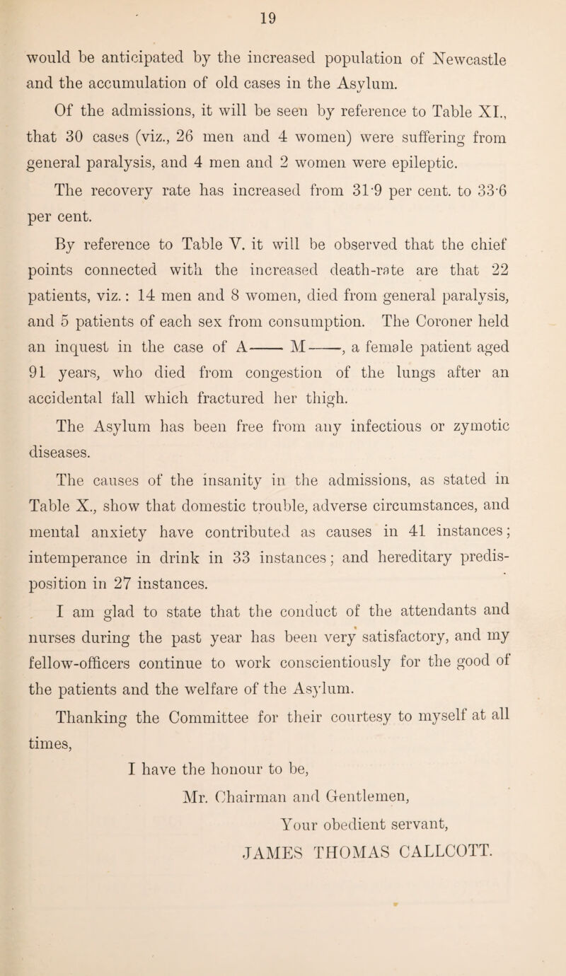 would be anticipated by the increased population of Newcastle and the accumulation of old cases in the Asylum. Of the admissions, it will be seen by reference to Table XI., that 30 cases (viz., 26 men and 4 women) were suffering from general paralysis, and 4 men and 2 women were epileptic. The recovery rate has increased from 319 per cent, to 33-6 per cent. By reference to Table Y. it will be observed that the chief points connected with the increased death-rate are that 22 patients, viz.: 14 men and 8 women, died from general paralysis, and 5 patients of each sex from consumption. The Coroner held an inquest in the case of A—— M--, a female patient aged 91 years, who died from congestion of the lungs after an accidental fall which fractured her thigh. The Asylum has been free from any infectious or zymotic diseases. The causes of the insanity in the admissions, as stated in Table X., show that domestic trouble, adverse circumstances, and mental anxiety have contributed as causes in 41 instances; intemperance in drink in 33 instances; and hereditary predis¬ position in 27 instances. I am glad to state that the conduct of the attendants and nurses during the past year has been very satisfactory, and my fellow-officers continue to work conscientiously for the good of the patients and the welfare of the Asylum. Thanking the Committee for their courtesy to myself at all times, I have the honour to be, Mr. Chairman and Gentlemen, Your obedient servant, JAMES THOMAS CALLCOTT.