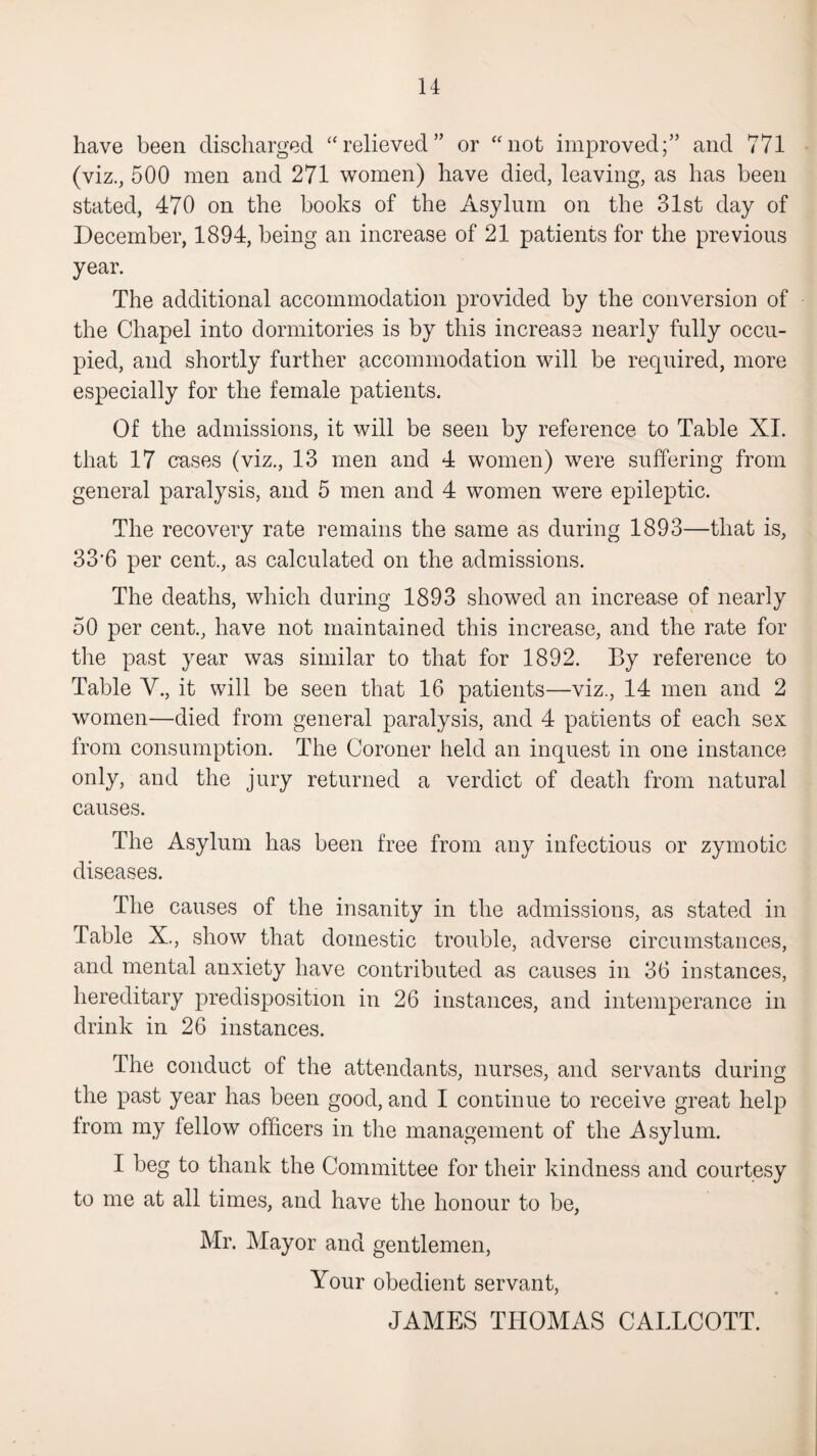 have been discharged “relieved” or “not improved;” and 771 (viz., 500 men and 271 women) have died, leaving, as has been stated, 470 on the books of the Asylum on the 31st day of December, 1894, being an increase of 21 patients for the previous year. The additional accommodation provided by the conversion of the Chapel into dormitories is by this increase nearly fully occu¬ pied, and shortly further accommodation will be required, more especially for the female patients. Of the admissions, it will be seen by reference to Table XI. that 17 cases (viz., 13 men and 4 women) were suffering from general paralysis, and 5 men and 4 women were epileptic. The recovery rate remains the same as during 1893—that is, 33’6 per cent., as calculated on the admissions. The deaths, which during 1893 showed an increase of nearly 50 per cent., have not maintained this increase, and the rate for the past year was similar to that for 1892. By reference to Table V., it will be seen that 16 patients—viz., 14 men and 2 women—died from general paralysis, and 4 patients of each sex from consumption. The Coroner held an inquest in one instance only, and the jury returned a verdict of death from natural causes. The Asylum has been free from any infectious or zymotic diseases. The causes of the insanity in the admissions, as stated in Table X., show that domestic trouble, adverse circumstances, and mental anxiety have contributed as causes in 36 instances, hereditary predisposition in 26 instances, and intemperance in drink in 26 instances. The conduct of the attendants, nurses, and servants during the past year has been good, and I continue to receive great help from my fellow officers in the management of the Asylum. I beg to thank the Committee for their kindness and courtesy to me at all times, and have the honour to be, Mr. Mayor and gentlemen. Your obedient servant, JAMES THOMAS CALLCOTT.