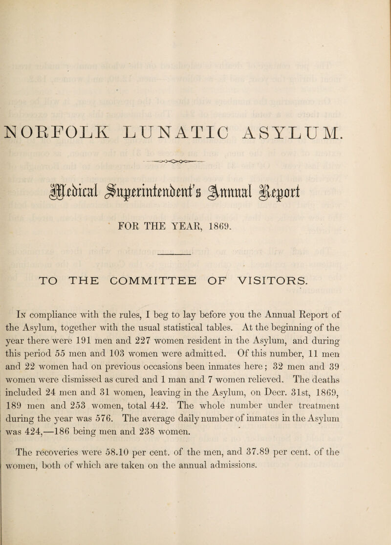 NORFOLK LUNATIC ASYLUM. Ipiiintl jfeftrintokttfs ^nrntal |taort FOR THE YEAR, 1869. TO THE COMMITTEE OF VISITORS. In compliance with the rules, I beg to lay before you the Annual Report of the Asylum, together with the usual statistical tables. At the beginning of the year there were 191 men and 227 women resident in the Asylum, and during this period 55 men and 103 women were admitted. Of this number, 11 men and 22 women had on previous occasions been inmates here; 32 men and 39 women were dismissed as cured and 1 man and 7 women relieved. The deaths included 24 men and 31 women, leaving in the Asylum, on Deer. 31st, 1869, 189 men and 253 women, total 442. The whole number under treatment during the year was 576. The average daily number of inmates in the Asylum 1 was 424,—186 being men and 238 women. The recoveries were 58.10 per cent, of the men, and 37.89 per cent, of the women, both of which are taken on the annual admissions.