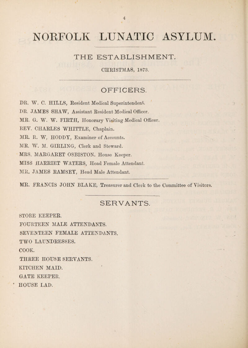 NOKFOLK LUNATIC ASYLUM. THE ESTABLISHMENT. CHRISTMAS, 1873. OFFICERS. DR. W. C. HILLS, Resident Medical Superintendent. DR. JAMES SHAW, Assistant Resident Medical Officer. MR. G. W. W. FIRTH, Honorary Visiting Medical Officer. LEV. CHARLES WHITTLE, Chaplain. MR. R. W, HODDY, Examiner of Accounts. MR. W. M. GIRLING, Clerk and Steward. MRS. MARGARET OSBISTON. House Keeper. MISS HARRIET WATERS, Head Female Attendant. MR. JAMES RAMSEY, Head Male Attendant. MR. FRANCIS JOHN BLARE, Treasurer and Clerk to the Committee of Visitors. SERVANTS. STORE KEEPER. FOURTEEN MALE ATTENDANTS. SEVENTEEN FEMALE ATTENDANTS. TWO LAUNDRESSES. COOK. THREE HOUSE SERVANTS. KITCHEN MAID. GATE KEEPER. HOUSE LAD, 9