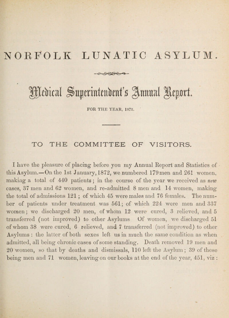 NORFOLK LUNATIC ASYLUM. cfcal Hmjerintotatfs %nn\ FOR THE YEAR, 1872. TO THE COMMITTEE OF VISITORS, I have the pleasure of placing before you my Annual Report and Statistics of this Asylum.—On the 1st January, 1872, we numbered 179men and 261 women, making a total of 440 patients; in the course of the year we received as new cases, 37 men and 62 women, and re-admitted 8 men and 14 women, making the total of admissions 121 ; of which 45 were males and 76 females. The num¬ ber of patients under treatment was 561; of which 224 were men and 337 women; we discharged 20 men, of whom 12 were cured, 3 relieved, and 5 transferred (not improved) to other Asylums Of women, we discharged 51 of whom 38 were cured, 6 relieved, and 7 transferred (not improved) to other Asylums : the latter of both sexes left us in much the same condition as when admitted, all being chronic cases of some standing. Death removed 19 men and 20 women, so that by deaths and dismissals, 110 left the Asylum; 39 of these being men and 71 women, leaving on our books at the end of the year, 451, viz :