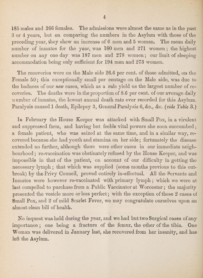 185 males and 266 females. The admissions were almost the same as in the past 3 or 4 years, but on comparing the numbers in the Asylum with those of the preceding year, they shew an increase of 6 men and 5 women. The mean daily number of inmates for the year, was 180 men and 271 women ; the highest number on any one day was 187 men and 278 women; our limit of sleeping accommodation being only sufficient for 194 men and 273 women. The recoveries were on the Male side 26.6 per cent, of those admitted, on the Female 50; this exceptionally small per centage on the Male side, was due to the badness of our new cases, which as a rule yield us the largest number of re¬ coveries. The deaths were in the proportion of 8.6 per cent, of our average daily number of inmates, the lowest annual death rate ever recorded for this Asylum. Paralysis caused 1 death, Epilepsy 3, General Paralysis 6, &e., &e. (vide Table 3.) In February the House Keeper was attacked with Small Pox, in a virulent and suppressed form, and having but feeble vital powers she soon succumbed ; a female patient, who was seized at the same time, and in a similar way, re¬ covered because she had youth and stamina on her side; fortunately the disease extended no further, although there were other cases in our immediate neigh¬ bourhood ; re-vaccination was obstinately refused by the House Keeper, and was impossible in that of the patient, on account of our difficulty in getting the necessary lymph ; that which was supplied (some months previous to this out¬ break) by the Privy Council, proved entirely in-effectual. All the Servants and Inmates were however re-vaccinated with primary lymph ; which we were at last compelled to purchase from a Public Vaccinator at Worcester ; the majority presented the vesicle more or less perfect; with the exception of these 2 cases of Small Pox, and 2 of mild Scarlet Fever, we may congratulate ourselves upon an almost clean bill of health. No inquest was held during the year, and we had but two Surgical cases of any importance ; one being a fracture of the femur, the other of the tibia. One Woman was delivered in January last, she recovered from her insanity, and has left the Asylum.