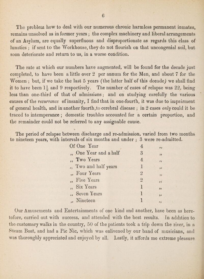 The problem how to deal with our numerous chronic harmless permanent inmates* remains unsolved as in former years ; the complex machinery and liberal arrangements of an Asylum, are equally superfluous and disproportionate as regards this class of lunatics ; if sent to the Workhouse, they do not flourish on that uncongenial soil, but soon deteriorate and return to us, in a worse condition. The rate at which our numbers have augmented, will be found for the decade just completed, to have been a little over 2 per annum for the Men, and about 7 for the Women ; but, if we take the last 5 years (the latter half of this decade,) we shall find it to have been and 9 respectively. The number of cases of relapse was 22, being less than one-third of that of admissions; and on studying carefully the various causes of the recurrence of insanity, I find that in one-fourth, it was due to impairment of general health, and in another fourth,to cerebral disease ; in 2 cases only could it be traced to intemperance ; domestic troubles accounted for a certain proportion, and the remainder could not be referred to any assignable cause. The period of relapse between discharge and re-admission, varied from two months to nineteen years, with intervals of six months and under ; 3 were re-admitted. Of One Year 4 ,, ,, One Year and a half 3 „ ,, Two Years 4 ,, ,, Two and half years 1 „ „ Four Years 2 „ ,, Five Years 2 ,, ,, Six Years 1 „ ,, Seven Years 1 „ „ Nineteen 1 „ Our Amusements and Entertainments of one kind and another, have been as here¬ tofore, carried out with success, and attended with the best results. In addition to the customary walks in the country, 50 of the patients took a trip down the river, in a Steam Boat, and had a Pic Nic, which was enlivened by our band of musicians, and was thoroughly appreciated and enjoyed by all. Lastly, it affords me extreme pleasure.