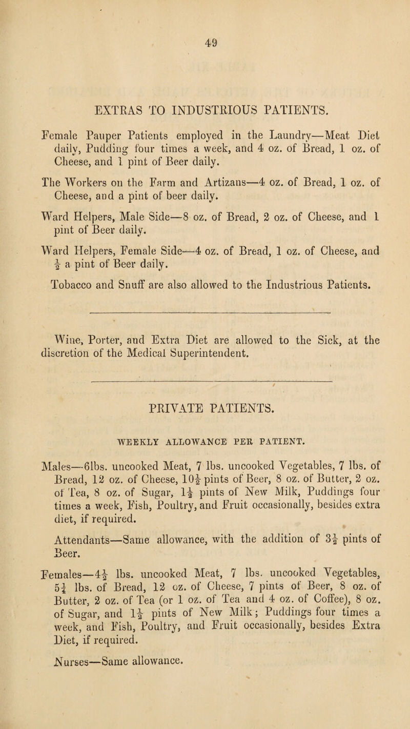 EXTRAS TO INDUSTRIOUS PATIENTS. Female Pauper Patients employed in the Laundry-—Meat Diet daily, Pudding four times a week, and 4 oz. of Bread, 1 oz. of Cheese, and 1 pint of Beer daily. The Workers on the Farm and Artizans—4 oz. of Bread, 1 oz. of Cheese, and a pint of beer daily. Ward Helpers, Male Side—8 oz. of Bread, 2 oz. of Cheese, and 1 pint of Beer daily. Ward Helpers, Female Side—4 oz. of Bread, 1 oz. of Cheese, and \ a pint of Beer daily. Tobacco and Snuff are also allowed to the Industrious Patients. Wine, Porter, and Extra Diet are allowed to the Sick, at the discretion of the Medical Superintendent. PRIVATE PATIENTS. WEEKLY ALLOWANCE PER PATIENT. Males—61bs. uncooked Meat, 7 lbs. uncooked Vegetables, 7 lbs. of Bread, 12 oz. of Cheese, 10| pints of Beer, 8 oz. of Butter, 2 oz. of Tea, 8 oz. of Sugar, pints of New Milk, Puddings four times a week, Fish, Poultry, and Fruit occasionally, besides extra diet, if required. Attendants—Same allowance, with the addition of 3| pints of Beer. Females—4£ lbs. uncooked Meat, 7 lbs. uncooked Vegetables, 51 lbs. of Bread, 12 oz. of Cheese, 7 pints of Beer, 8 oz. of Butter, 2 oz. of Tea (or 1 oz. of Tea and 4 oz. of Coffee), 8 oz. of Sugar, and li pints of New Milk; Puddings four times a week, and Fish, Poultry, and Fruit occasionally, besides Extra Diet, if required. Nurses—Same allowance.