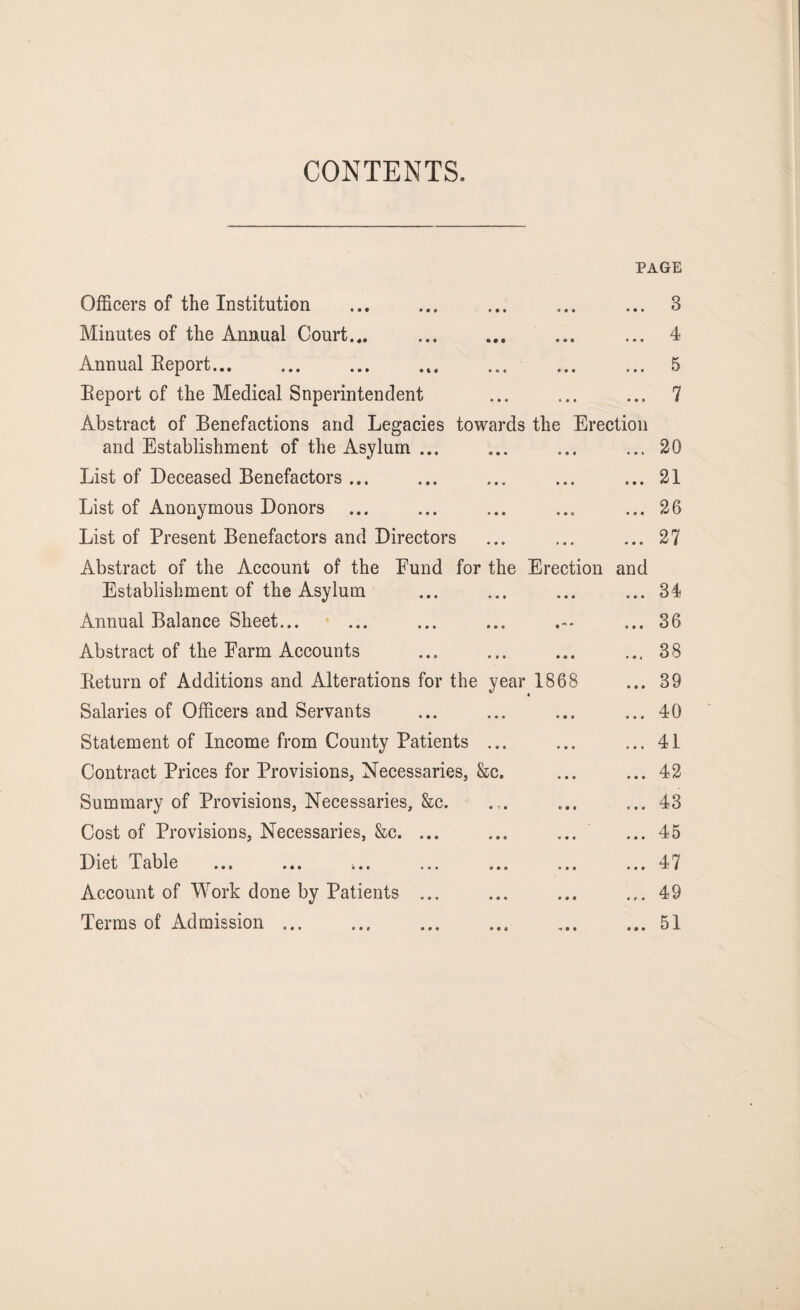 CONTENTS. PAGE Officers of the Institution • • • S • • ... 3 Minutes of the Annual Court.,. • • • • • • ... 4 Annual Report... • e « • • • ... 5 Report of the Medical Superintendent • • ♦ • I « ... 7 Abstract of Benefactions and Legacies towards the Erection and Establishment of the Asylum ... • • • • • • ... 20 List of Deceased Benefactors ... • • • • • • ... 21 List of Anonymous Donors • • • • • « ... 26 List of Present Benefactors and Directors • * • • • • ... 27 Abstract of the Account of the Fund for the Erection and Establishment of the Asylum • • * • • • CO • • Annual Balance Sheet... • • • m m ... 36 Abstract of the Farm Accounts • • • • • • ... 38 Return of Additions and Alterations for the year 1868 ... 39 Salaries of Officers and Servants • • • • • • ... 40 Statement of Income from County Patients •90 • • • ... 41 Contract Prices for Provisions, Necessaries, Sec. ... 42 Summary of Provisions, Necessaries, &c. • ? • * • 0 ... 43 Cost of Provisions, Necessaries, &c. ... • • • • • • ... 45 Diet Table • • • • • • ... 47 Account of Work done by Patients ... • • 9 • • • ... 49 Terms of Admission ... • • t t • • ... 51