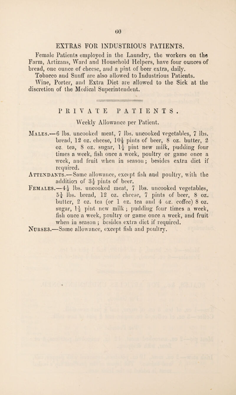 00 EXTRAS FOR INDUSTRIOUS PATIENTS. Female Patients employed in the Laundry, the workers on the Farm, Artizans, Ward and Household Helpers, have four ounces of bread, one ounce of cheese, and a pint of beer extra, daily. Tobacco and Snuff are also allowed to Industrious Patients. Wine, Porter, and Extra Diet are allowed to the Sick at the discretion of the Medical Superintendent. P R I Y A T E PATIENTS. Weekly Allowance per Patient. Males.— 6 lbs. uncooked meat, 7 lbs. uncooked vegetables, 7 lbs. bread, 12 oz. cheese, lOf pints of beer, 8 oz. butter, 2 oz. tea, 8 oz. sugar, If pint new milk, pudding four times a week, fish once a week, poultry or game once a week, and fruit when in season; besides extra diet if required. Attendants.— Same allowance, except fish and poultry, with the addition of 3f pints of beer. Females.—4f lbs. uncooked meat, 7 lbs. uncooked vegetables, lbs. bread, 12 oz. cheese, 7 pints of beer, 8 oz. butter, 2 oz. tea (or 1 oz. tea and 4 oz. coffee) 8 oz. sugar, If pint new milk; pudding four times a week, fish once a week, poultry or name once a week, and fruit when in season ; besides extra diet if required. Nurses.—Same allowance, except fish and poultry.