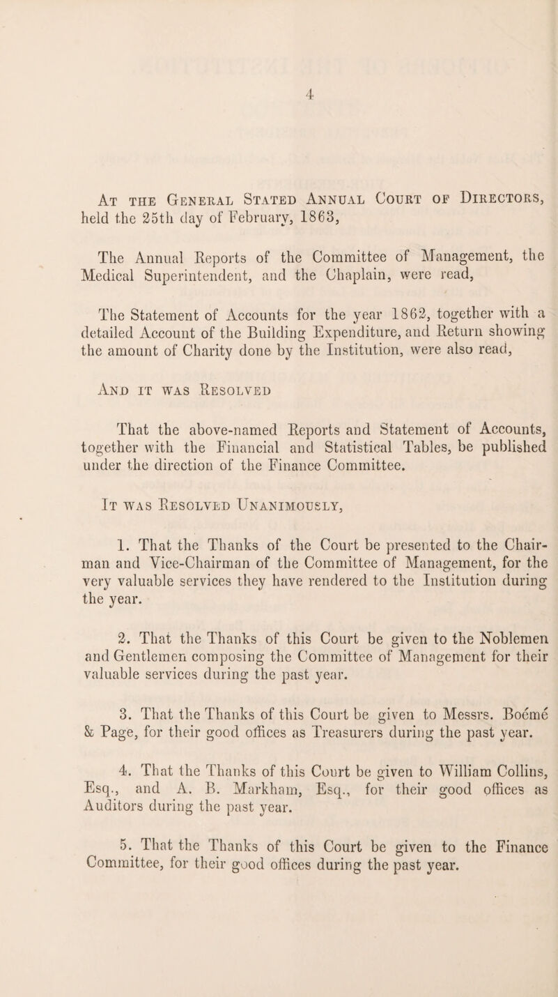 At the General Stated Annual Court of Directors, held the 25th day of February, 1863, The Annual Reports of the Committee of Management, the Medical Superintendent, and the Chaplain, were read, The Statement of Accounts for the year 1862, together with a detailed Account of the Building Expenditure, and Return showing the amount of Charity done by the Institution, were also read. And it was Resolved That the above-named Reports and Statement of Accounts, together with the Financial and Statistical Tables, be published under the direction of the Finance Committee. It was Resolved Unanimously, 1. That the Thanks of the Court be presented to the Chair¬ man and Vice-Chairman of the Committee of Management, for the very valuable services they have rendered to the Institution during the year. 2. That the Thanks of this Court be given to the Noblemen and Gentlemen composing the Committee of Management for their valuable services during the past year. 3. That the Thanks of this Court be given to Messrs. Boeme & Page, for their good offices as Treasurers during the past year. 4. That the Thanks of this Court be given to William Collins, Esq., and A. B. Markham, Esq., for their good offices as Auditors during the past year. 5. That the Thanks of this Court be given to the Finance Committee, for their good offices during the past year.