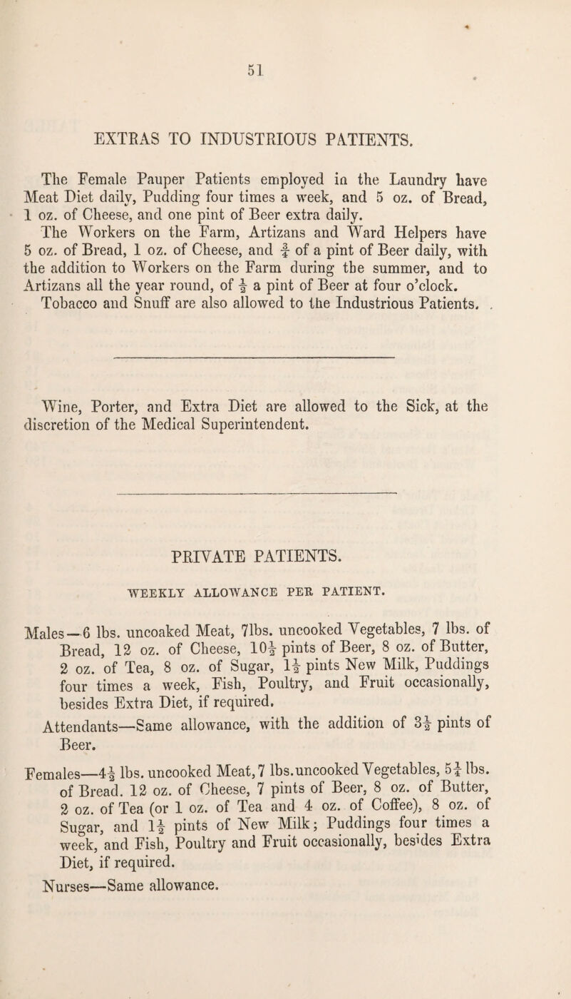 EXTRAS TO INDUSTRIOUS PATIENTS. The Female Pauper Patients employed in the Laundry have Meat Diet daily, Pudding four times a week, and 5 oz. of Bread, 1 oz. of Cheese, and one pint of Beer extra daily. The Workers on the Farm, Artizans and Ward Helpers have 5 oz. of Bread, 1 oz. of Cheese, and f of a pint of Beer daily, with the addition to Workers on the Farm during tbe summer, and to Artizans all the year round, of 1 a pint of Beer at four o’clock. Tobacco and Snuff are also allowed to the Industrious Patients. Wine, Porter, and Extra Diet are allowed to the Sick, at the discretion of the Medical Superintendent. PRIVATE PATIENTS. WEEKLY ALLOWANCE PEK PATIENT. Males—6 lbs. uncoaked Meat, 71bs. uncooked Vegetables, 7 lbs. of Bread, 12 oz. of Cheese, 101 pints of Beer, 8 oz. of Butter, 2 oz. of Tea, 8 oz. of Sugar, 11 pints New Milk, Puddings four times a week, Fish, Poultry, and Fruit occasionally, besides Extra Diet, if required. Attendants—Same allowance, with the addition of 31 pints of Beer. Females—41 lbs. uncooked Meat, 7 lbs.uncooked Vegetables, 51 lbs. of Bread. 12 oz. of Cheese, 7 pints of Beer, 8 oz. of Butter, 2 oz. of Tea (or 1 oz. of Tea and 4 oz. of Coffee), 8 oz. of Sugar, and 11 pints of New Milk; Puddings four times a week, and Fish, Poultry and Fruit occasionally, besides Extra Diet, if required. Nurses—Same allowance.