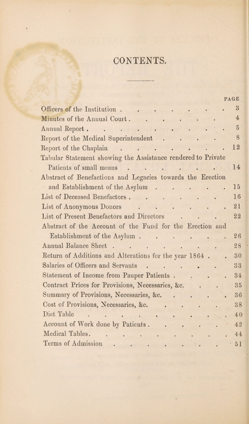 CONTENTS. PAGE Officers of the Institution ....... 3 Minutes of the Annual Court...... 4 Annual Report . . . . . . . . . 5 Report of the Medical Superintendent .... 8 Report of the Chaplain . . . . . . .12 Tabular Statement showing the Assistance rendered to Private Patients of small means ...... Abstract of Benefactions and Legacies towards the Erection and Establishment of the Asylum ..... List of Deceased Benefactors ...... List of Anonymous Donors ...... List of Present Benefactors and Directors Abstract of the Account of the Fund for the Erection and Establishment of the Asylum ...... Annual Balance Sheet ....... Return of Additions and Alterations for the year 1864 . V Salaries of Officers and Servants ..... Statement of Income from Pauper Patients . Contract Prices for Provisions, Necessaries, &c. Summary of Provisions, Necessaries, &c. . Cost of Provisions, Necessaries, &c. .... Diet Table. Account of Work done by Patients ..... Medical Tables. ........ Terms of Admission ....... 14 15 16 21 22 26 28 80 83 34 35 36 38 40 42 44 51