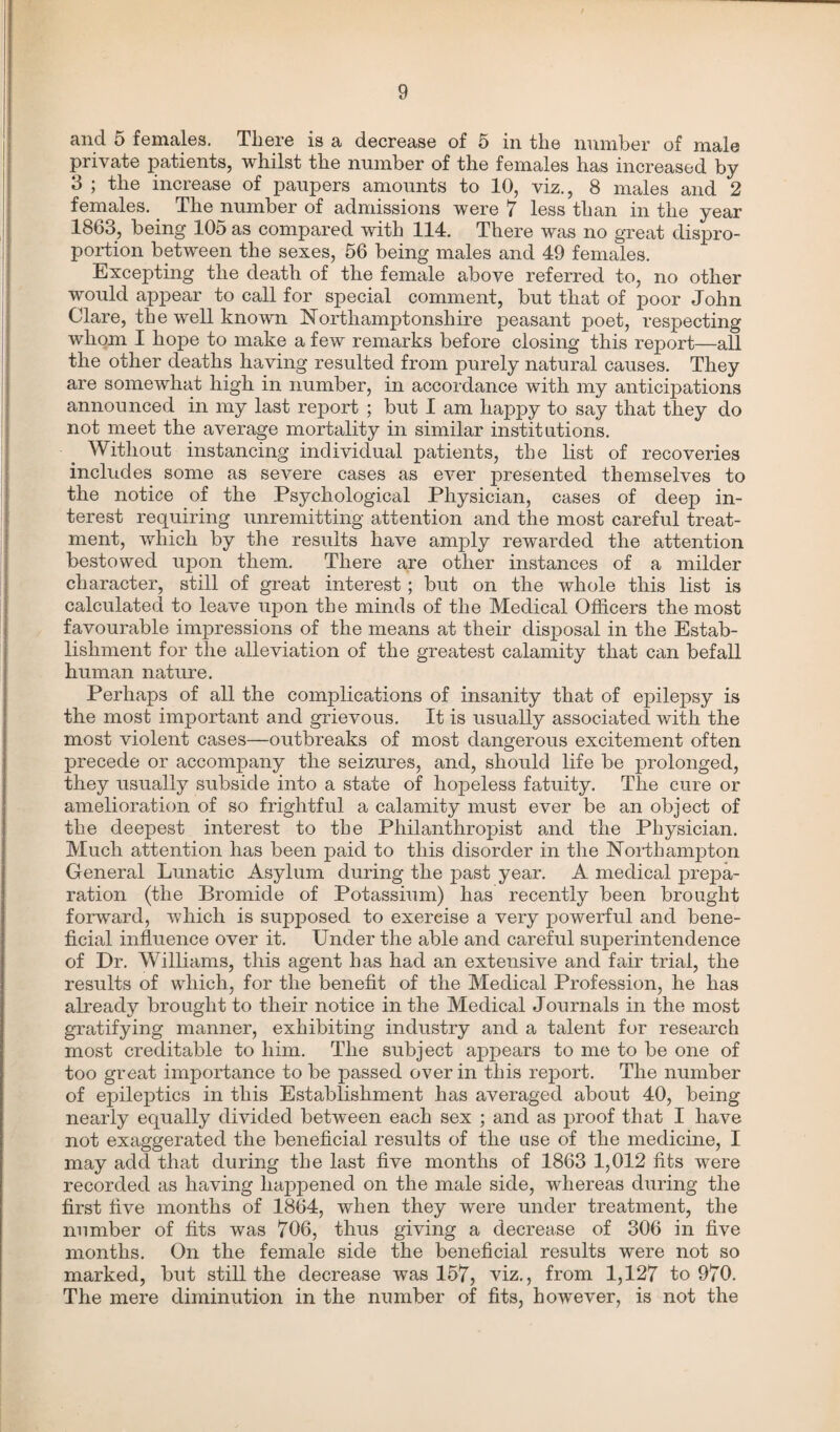 and 5 females. There is a decrease of 5 in the number of male private patients, whilst the number of the females has increased by 3 ; the increase of paupers amounts to 10, viz., 8 males and 2 females. The number of admissions were 7 less than in the year 1863, being 105 as compared with 114. There was no great dispro¬ portion between the sexes, 56 being males and 49 females. Excepting the death of the female above referred to, no other would appear to call for special comment, but that of poor John Clare, the well known Northamptonshire peasant poet, respecting whom I hope to make a few remarks before closing this report—all the other deaths having resulted from purely natural causes. They are somewhat high in number, in accordance with my anticipations announced in my last rej)ort ; but I am happy to say that they do not meet the average mortality in similar institutions. Without instancing individual patients, the list of recoveries includes some as severe cases as ever presented themselves to the notice of the Psychological Physician, cases of deep in¬ terest requiring unremitting attention and the most careful treat¬ ment, which by the results have amply rewarded the attention bestowed upon them. There are other instances of a milder character, still of great interest; but on the whole this list is calculated to leave upon the minds of the Medical Officers the most favourable impressions of the means at their disposal in the Estab¬ lishment for the alleviation of the greatest calamity that can befall human nature. Perhaps of all the complications of insanity that of epilepsy is the most important and grievous. It is usually associated with the most violent cases—outbreaks of most dangerous excitement often precede or accompany the seizures, and, should life be prolonged, they usually subside into a state of hopeless fatuity. The cure or amelioration of so frightful a calamity must ever be an object of the deepest interest to the Philanthropist and the Physician. Much attention has been paid to this disorder in the Northampton General Lunatic Asylum during the past year. A medical prepa¬ ration (the Bromide of Potassium) has recently been brought forward, which is supposed to exercise a very powerful and bene¬ ficial influence over it. Under the able and careful superintendence of Dr. Williams, this agent has had an extensive and fair trial, the results of which, for the benefit of the Medical Profession, he has already brought to their notice in the Medical Journals in the most gratifying manner, exhibiting industry and a talent for research most creditable to him. The subject appears to me to be one of too great importance to be passed over in this report. The number of epileptics in this Establishment has averaged about 40, being nearly equally divided between each sex ; and as proof that I have not exaggerated the beneficial results of the use of the medicine, I may add that during the last five months of 1863 1,012 fits were recorded as having happened on the male side, whereas during the first five months of 1864, when they were under treatment, the number of fits was 706, thus giving a decrease of 306 in five months. On the female side the beneficial results were not so marked, but still the decrease was 157, viz., from 1,127 to 970. The mere diminution in the number of fits, however, is not the