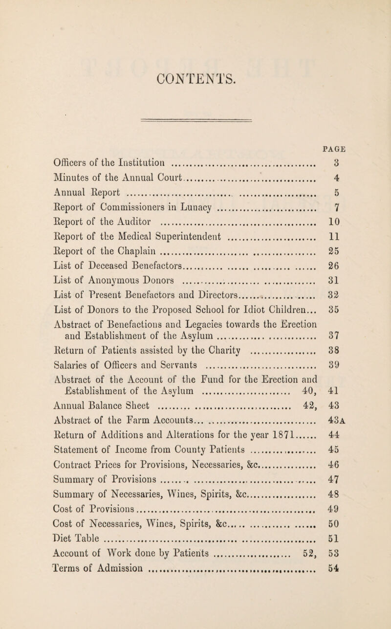 CONTENTS. PAGE Officers of the Institution . 3 Minutes of the Annual Court,.. 4 Annual Eeport .. 5 Eeport of Commissioners in Lunacy . 7 Eeport of the Auditor . 10 Eeport of the Medical Superintendent . 11 Eeport of the Chaplain . 25 List of Deceased Benefactors... 26 List of Anonymous Donors . 31 List of Present Benefactors and Directors. . 32 List of Donors to the Proposed School for Idiot Children... 35 Abstract of Benefactions and Legacies towards the Erection and Establishment of the Asylum. 37 Eeturn of Patients assisted by the Charity . 38 Salaries of Officers and Servants . 39 Abstract of the Account of the Fund for the Erection and Establishment of the Asvlum . 40, 41 Annual Balance Sheet ... 42, 43 Abstract of the Farm Accounts... 43a Eeturn of Additions and Alterations for the year 1871. 44 Statement of Income from County Patients . 45 Contract Prices for Provisions, Necessaries, &c. 46 Summary of Provisions.... 47 Summary of Necessaries, Wines, Spirits, &c. 48 Cost of Provisions..... 49 Cost of Necessaries, Wines, Spirits, &c. 50 Diet Table . 51 Account of Work done by Patients . 52, 53 Terms of Admission ..... 54