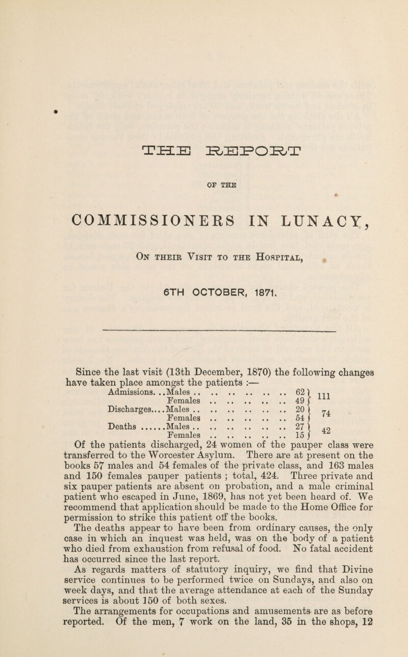 TELE E/EEOE.T OF THE COMMISSIONERS IN LUNACY, On their Visit to the Hospital, 6TH OCTOBER, 1871. Since the last visit (13th December, 1870) the following changes have taken place amongst the patients :— Admissions. ..Males.62) •,,, Females.49j Discharges... .Males.20) Females .. .. ..64 j ' Deaths ......Males.27 1 An Females.15j Of the patients discharged, 24 women of the pauper class were transferred to the Worcester Asylum. There are at present on the books 57 males and 54 females of the private class, and 163 males and 150 females pauper patients ; total, 424. Three private and six pauper patients are absent ou probation, and a male criminal patient who escaped in June, 1869, has not yet been heard of. We recommend that application should be made to the Home Office for permission to strike this patient olf the books. The deaths appear to have been from ordinary causes, the only case in which an inquest was held, was on the body of a patient who died from exhaustion from refusal of food. No fatal accident has occurred since the last report. As regards matters of statutory inquiry, we find that Divine service continues to be performed twice on Sundays, and also on week days, and that the average attendance at each of the Sunday services is about 150 of both sexes. The arrangements for occupations and amusements are as before