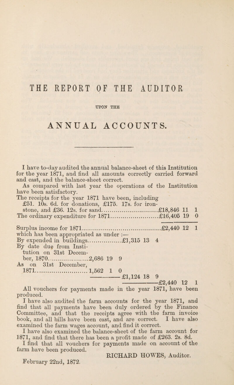 THE REPORT OF THE AUDITOR UPON THE ANNUAL ACCOUNTS. I have to-day audited the annual balance-sheet of this Institution for the year 1871, and find all amounts correctly carried forward and cast, and the balance-sheet correct. As compared with last year the operations of the Institution have been satisfactory. The receipts for the year 1871 have been, including £51. 10s. 6d. for donations, £175. 17s, for iron¬ stone, and £36. 12s. for sand.£18,846 11 1 The ordinary expenditure for 1871.£16,405 19 0 Surplus income for 1871.£2,440 12 1 which has been appropriated as under :— By exjDended in buildings.£1,315 13 4 By date due from Insti¬ tution on 31st Decem¬ ber, 1870.2,686 19 9 As on 31st December, 1871.1,562 1 0 -—£1,124 18 9 -£2,440 12 1 All vouchers for payments made in the year 1871, have been produced, I have also audited the farm accounts for the year 1871, and find that all payments have been duly ordered by the Finance Committee, and that the receipts agree with the farm invoice book, and all bills have been cast, and are correct. I have also examined the farm wages account, and find it correct. I have also examined the balance-sheet of the farm account for 1871, and find that there has been a profit made of £263. 2s. 8d. I find that all vouchers for payments made on account of the farm have been produced. RICHABD HOWES, Auditor. February 22nd, 1872.