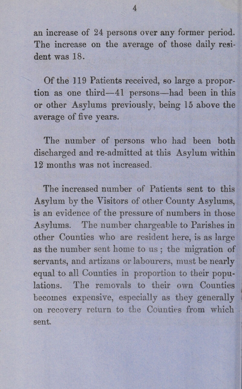 an increase of 24 persons over any former period. The increase on the average of those daily resi¬ dent was 18. Of the 119 Patients received, so large a propor¬ tion as one third—41 persons—had been in this or other Asylums previously, being 15 above the average of five years. The number of persons who had been both discharged and re-admitted at this Asylum within 12 months was not increased. The increased number of Patients sent to this Asylum by the Visitors of other County Asylums, is an evidence of the pressure of numbers in those Asylums. The number chargeable to Parishes in other Counties who are resident here, is as large as the number sent home to us ; the migration of servants, and artizans or labourers, must be nearly equal to all Counties in proportion to their popu¬ lations. The removals to their own Counties becomes expensive, especially as they generally on recovery return to the Counties from which sent.