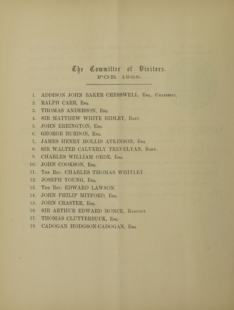 dowmittoo of Disitors. FOR 1868. 1. ADDISON JOHN BAKER CRESSWELL, Esq., Chairman, 2. RALPH CARR, Esq. 3. THOMAS ANDERSON, Esq. 4. SIR MATTHEW WHITE RIDLEY, Bart. 5. JOHN ERRINGTON, Esq. 6. GEORGE BURDON, Esq. 7. JAMES HENRY HOLLIS ATKINSON, Esq. 8. SIR WALTER CALVERLY TREVELYAN, Bart. 9. CHARLES WILLIAM ORDE, Esq. 10. JOHN COOKSON, Esq. 11. The Rev. CHARLES THOMAS WHITLEY. 12. JOSEPH YOUNG, Esq. 13. The Rev. EDWARD LAWSON. 14. JOHN PHILIP MITFORD, Esq. 15. JOHN CRASTER, Esq. 16. SIR ARTHUR EDWARD MONCK, Baronet. 17. THOMAS CLUTTERBUCK, Esq. 18. CADOGAN HODGSON-CADOGAN, Esq.