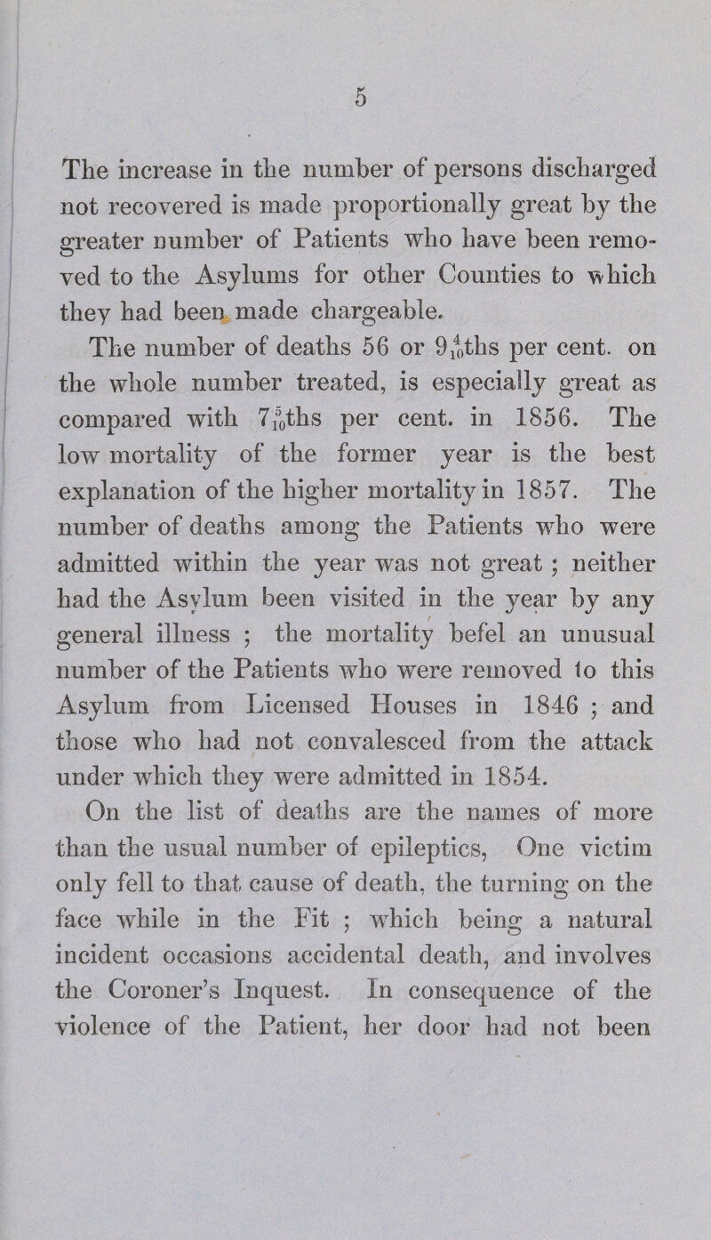 The increase in the number of persons discharged not recovered is made proportionally great by the greater number of Patients who have been remo¬ ved to the Asylums for other Counties to w hich they had been made chargeable* The number of deaths 56 or 9/oths per cent, on the whole number treated, is especially great as compared with 7150ths per cent, in 1856. The low mortality of the former year is the best explanation of the higher mortality in 1857. The number of deaths among the Patients who were admitted within the year was not great ; neither had the Asylum been visited in the year by any general illness ; the mortality befel an unusual number of the Patients who were removed to this Asylum from Licensed Houses in 1846 ; and those who had not convalesced from the attack under which they were admitted in 1854. On the list of deaths are the names of more than the usual number of epileptics, One victim only fell to that cause of death, the turning on the face while in the Fit ; which being a natural incident occasions accidental death, and involves the Coroner’s Inquest. In consequence of the violence of the Patient, her door had not been