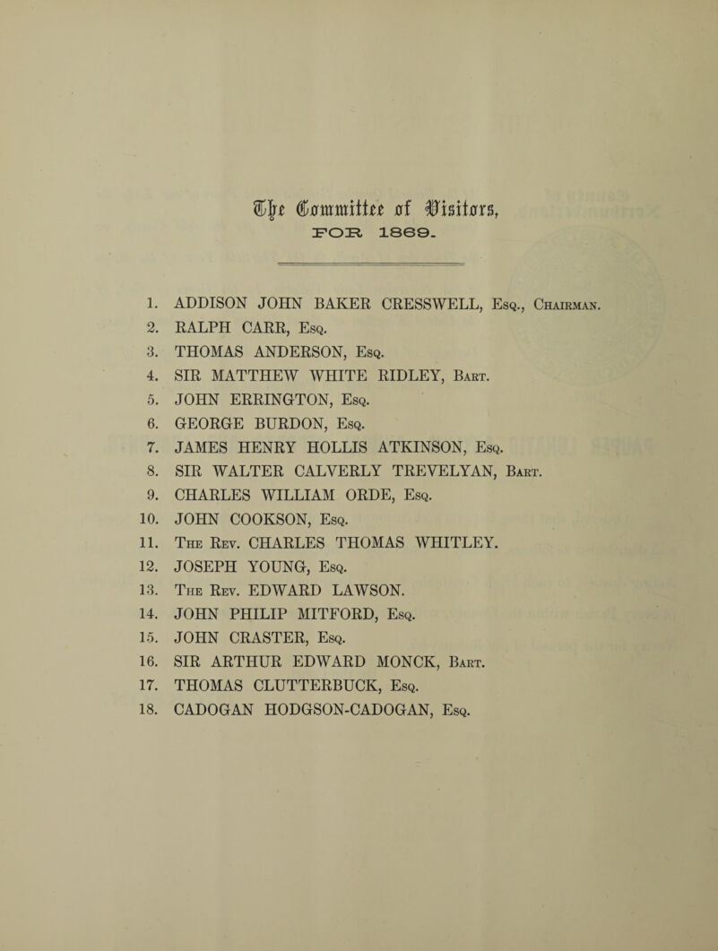 (fommittn 0f URsitors, FOR 1869. 1. ADDISON JOHN BAKER CRESSWELL, Esq., Chairman. 2. RALPH CARR, Esq. 3. THOMAS ANDERSON, Esq. 4. SIR MATTHEW WHITE RIDLEY, Bart. 5. JOHN ERRINGTON, Esq. 6. GEORGE BURDON, Esq. 7. JAMES HENRY HOLLIS ATKINSON, Esq. 8. SIR WALTER CALYERLY TREVELYAN, Bart. 9. CHARLES WILLIAM ORDE, Esq. 10. JOHN COOKSON, Esq. 11. The Rev. CHARLES THOMAS WHITLEY. 12. JOSEPH YOUNG, Esq. 13. The Rev. EDWARD LAWSON. 14. JOHN PHILIP MITFORD, Esq. 15. JOHN CRASTER, Esq. 16. SIR ARTHUR EDWARD MONCK, Bart. 17. THOMAS CLUTTERBUCK, Esq. 18. CADOGAN HODGSON-CADOGAN, Esq.