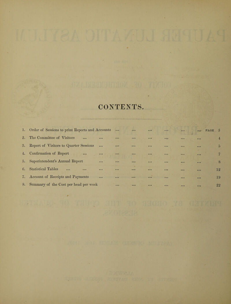 CONTENTS 1. Order of Sessions to print Reports and Accounts 2. The Committee of Visitors 8. Report of Visitors to Quarter Sessions 4. Confirmation of Report 5. Superintendent’s Annual Report 6. Statistical Tables 7. Account of Receipts and Payments 8. Summary of the Cost per head per week