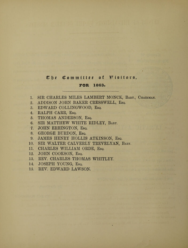 C I) e Committee of Ftsttots, FOR 1863. 9 1. SIR CHARLES MILES LAMBERT MONCK, Bart., Chairman. 2. ADDISON JOHN BAKER CRESSWELL, Esq. 3. EDWARD COLLINGWOOD, Esq. 4. RALPH CARR, Esq. 5. THOMAS ANDERSON, Esq. 6. SIR MATTHEW WHITE RIDLEY, Bart. 7. JOHN ERRINGTON, Esq. 8. GEORGE BURDON, Esq. 9. JAMES HENRY HOLLIS ATKINSON, Esq. 10. SIR WALTER CALVERLY TREVELYAN, Bart. 11. CHARLES WILLIAM ORDE, Esq. 12. JOHN COOKSON, Esq. 13. REV. CHARLES THOMAS WHITLEY. 14. JOSEPH YOUNG, Esq. 15. REV. EDWARD LAWSON.