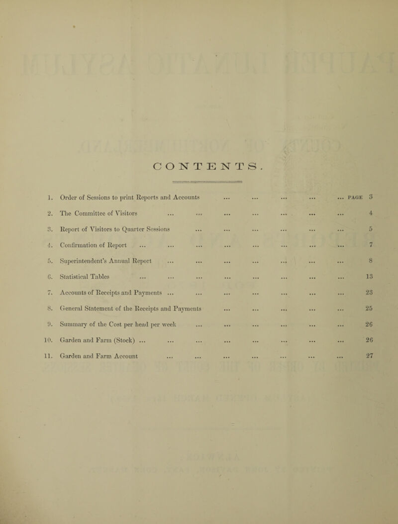 CONTENTS. 1. Order of Sessions to print Reports and Accounts ... ... ... ... ... page 2. The Committee of Visitors ... ... ... ... ... . 3. Report of Visitors to Quarter Sessions 4. Confirmation of Report 5. Superintendent’s Annual Report G. Statistical Tables 7. Accounts of Receipts and Payments ... 8. General Statement of the Receipts and Payments 9. Summary of the Cost per head per week 10. Garden and Farm (Stock) ... 3 4 5 7 8 13 23 25 26 26
