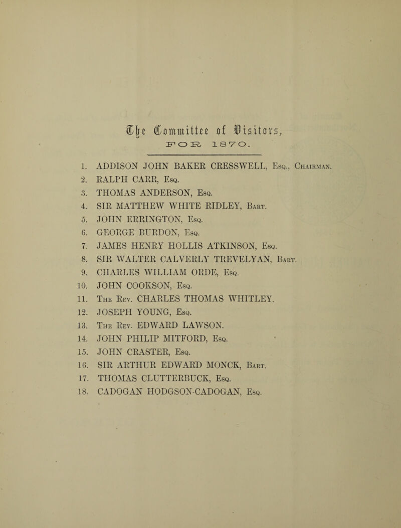 ®ju Committee of Visitors, FOB 1870. 1. ADDISON JOHN BAKER CRESSWELL, Esq., Chairman. 2. RALPH CARR, Esq. 3. THOMAS ANDERSON, Esq. 4. SIR MATTHEW WHITE RIDLEY, Bart. 5. JOHN ERRINGTON, Esq. 0. GEORGE BURDON, Esq. 7. JAMES HENRY HOLLIS ATKINSON, Esq. 8. SIR WALTER CALYERLY TREVELYAN, Bart. 9. CHARLES WILLIAM ORDE, Esq. 10. JOHN COOKSON, Esq. 11. The Rev. CHARLES THOMAS WHITLEY. 12. JOSEPH YOUNG, Esq. 13. The Rev. EDWARD LAWSON. 14. JOHN PHILIP MITFORD, Esq. 15. JOHN CRASTER, Esq. 16. SIR ARTHUR EDWARD MONCK, Bart. 17. THOMAS CLUTTERBUCK, Esq. 18. CADOGAN HODGSON-CADOGAN, Esq.